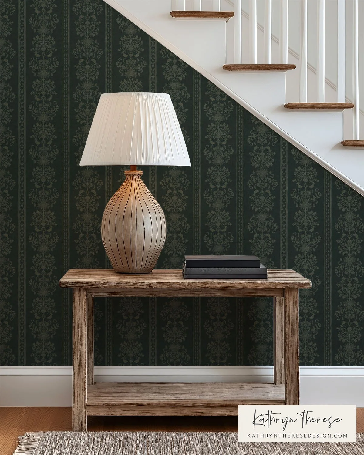 Bridger - Traditional Damask Stripe in Moody Black Forest Green for Modern Traditional Entryway