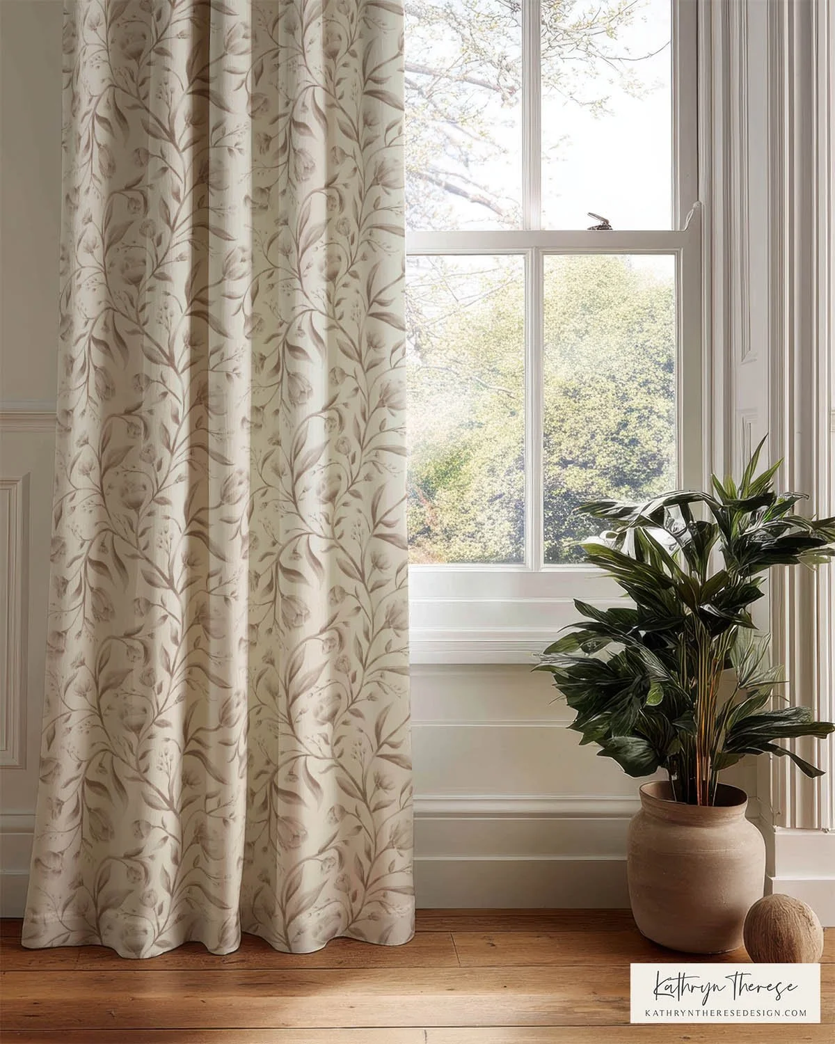 Brown and Cream Vintage Trailing Floral Curtains for Cottage &amp; English Country Interiors
