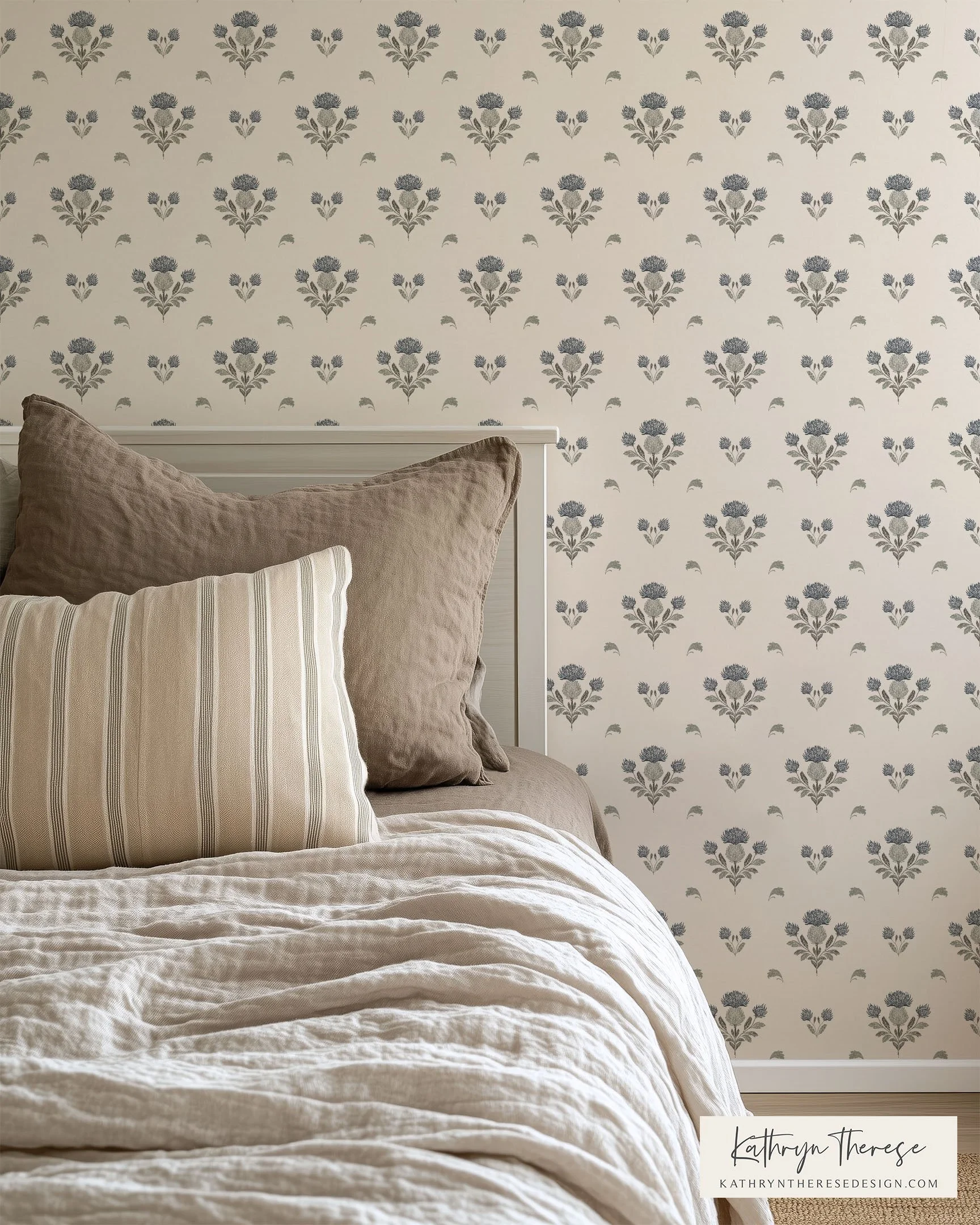 Rowan - Small Scale Heritage Botanical Wallpaper for Traditional Interiors in Navy Blue