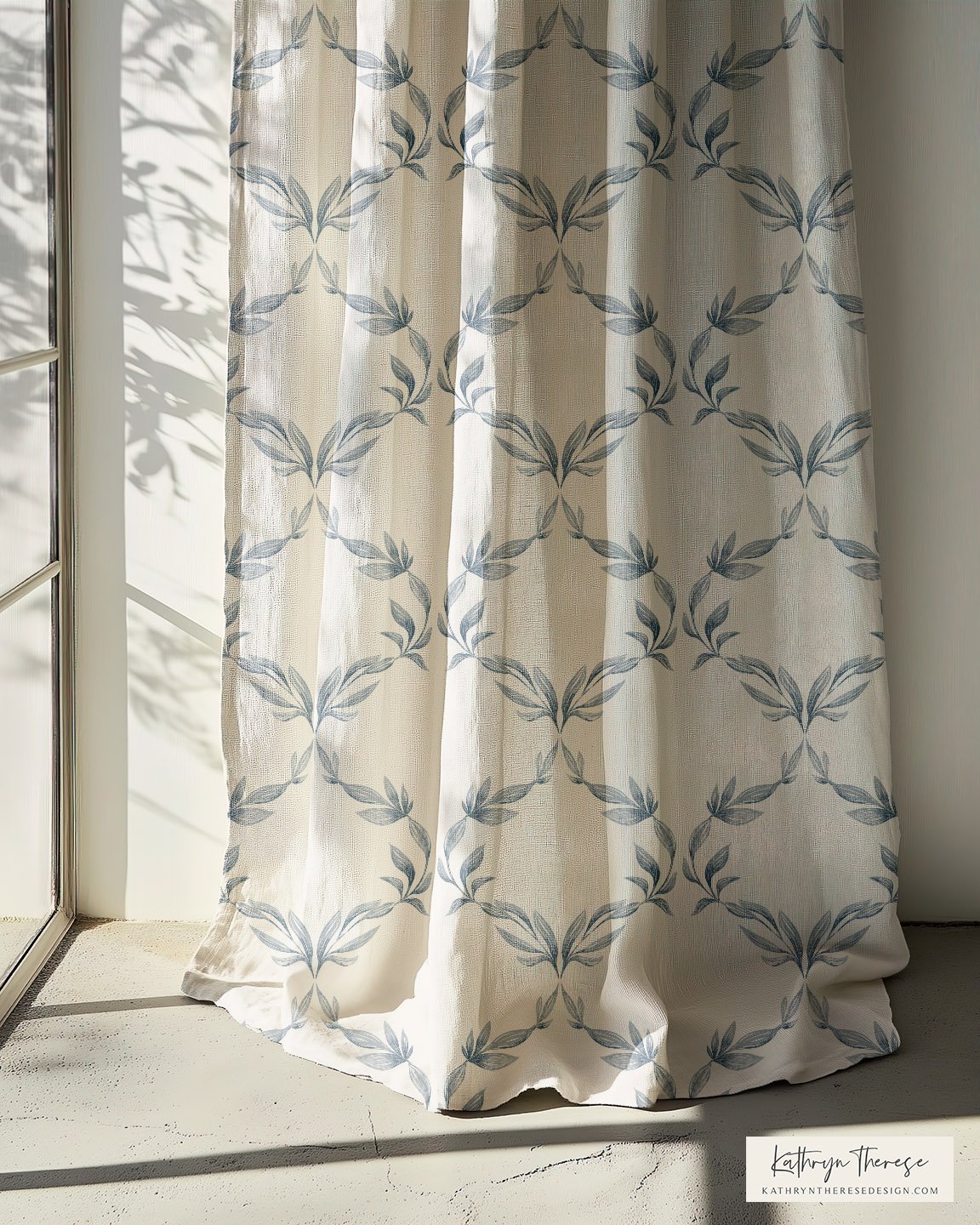 Blue and cream leafy botanical curtains