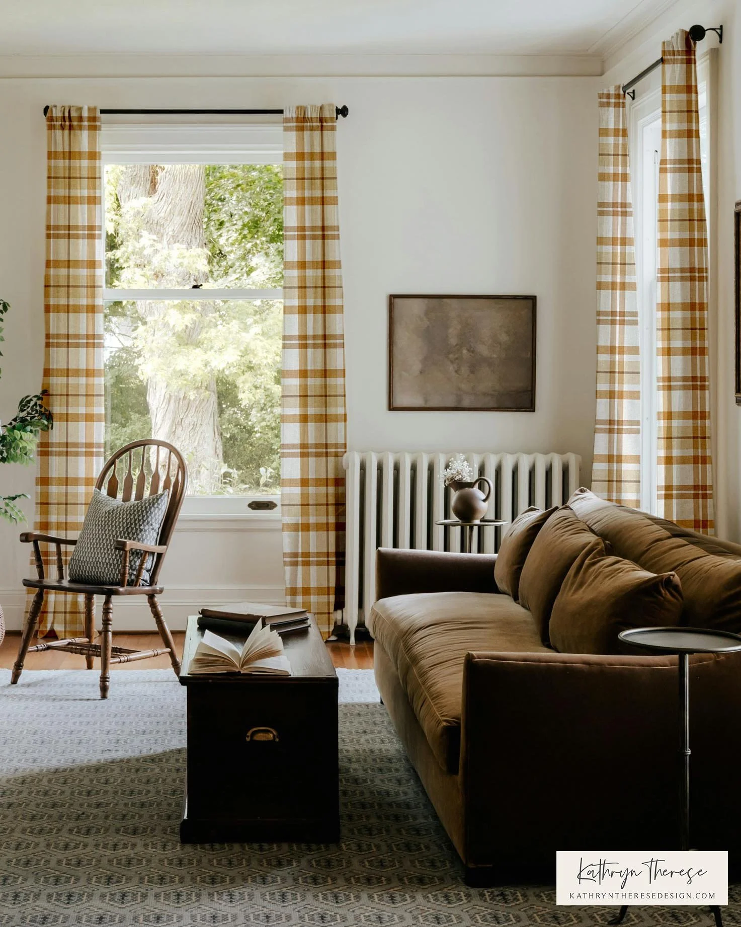 Honey Yellow Plaid Curtains in Vintage Living Room