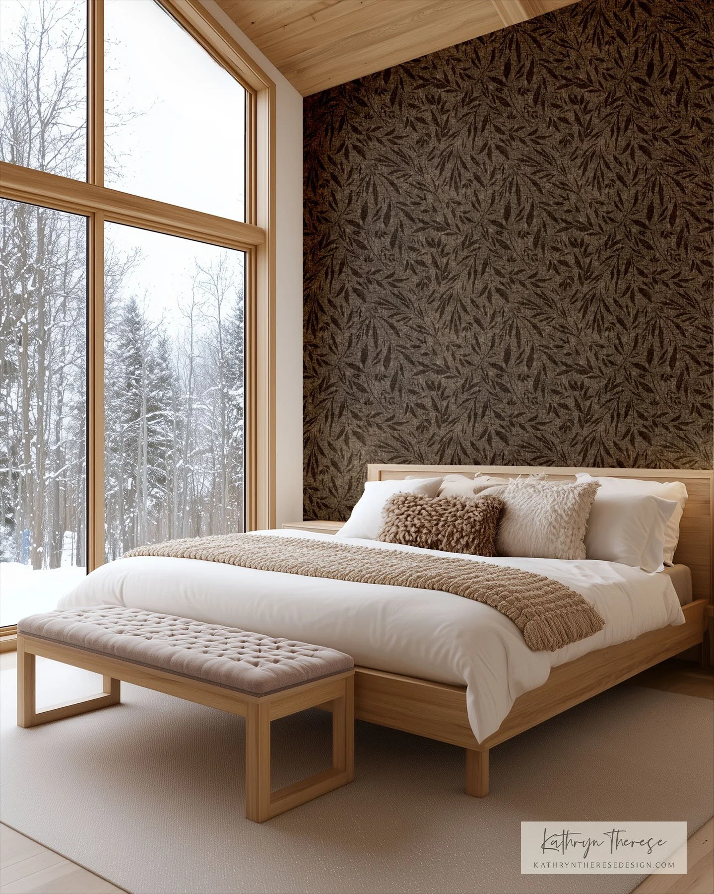 Cozy bedroom with large window showing snowy trees outside, featuring a minimalist wooden bed with white bedding and beige throw pillows, matching bench, and patterned brown accent wall.
