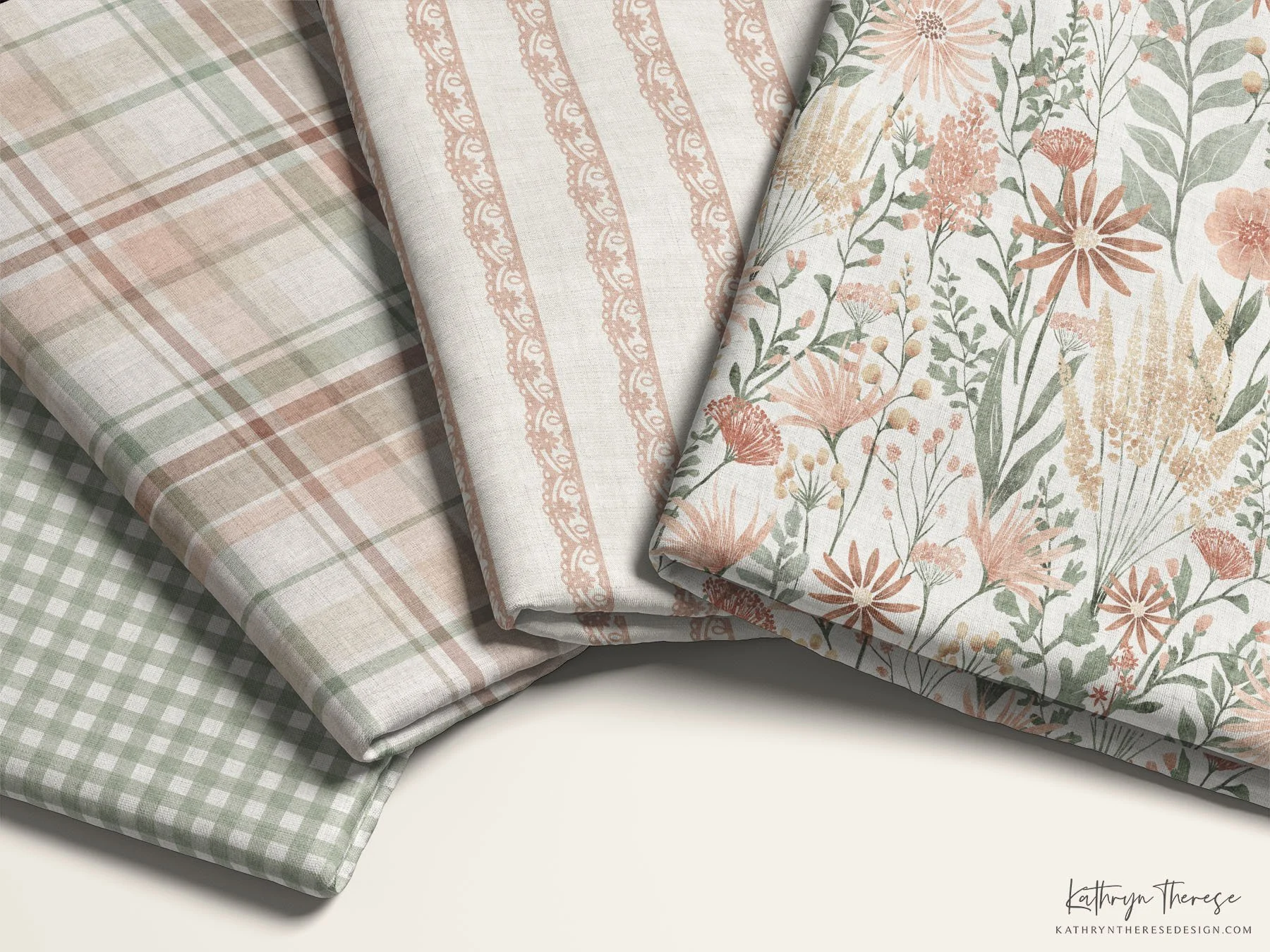 Three folded fabrics with pastel-colored floral, plaid, and striped patterns on a white surface.