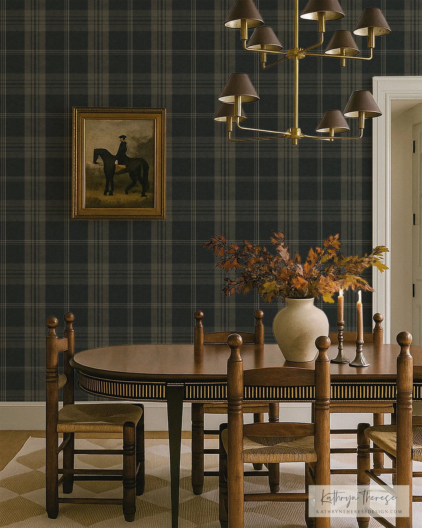 A dining room with a dark plaid wallpaper, a wooden dining table and chairs, a beige vase with autumn foliage, two candles, a framed painting of a person on horseback, and a black and gold chandelier.