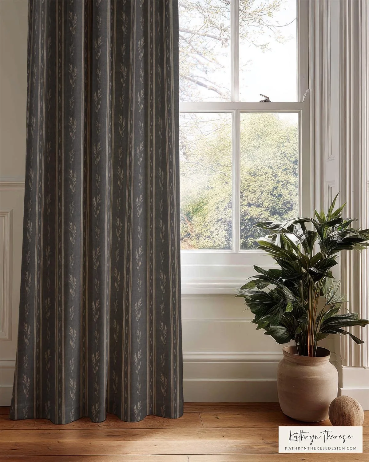 Vintage Botanical Stripe Curtains in Moody Charcoal and Stone