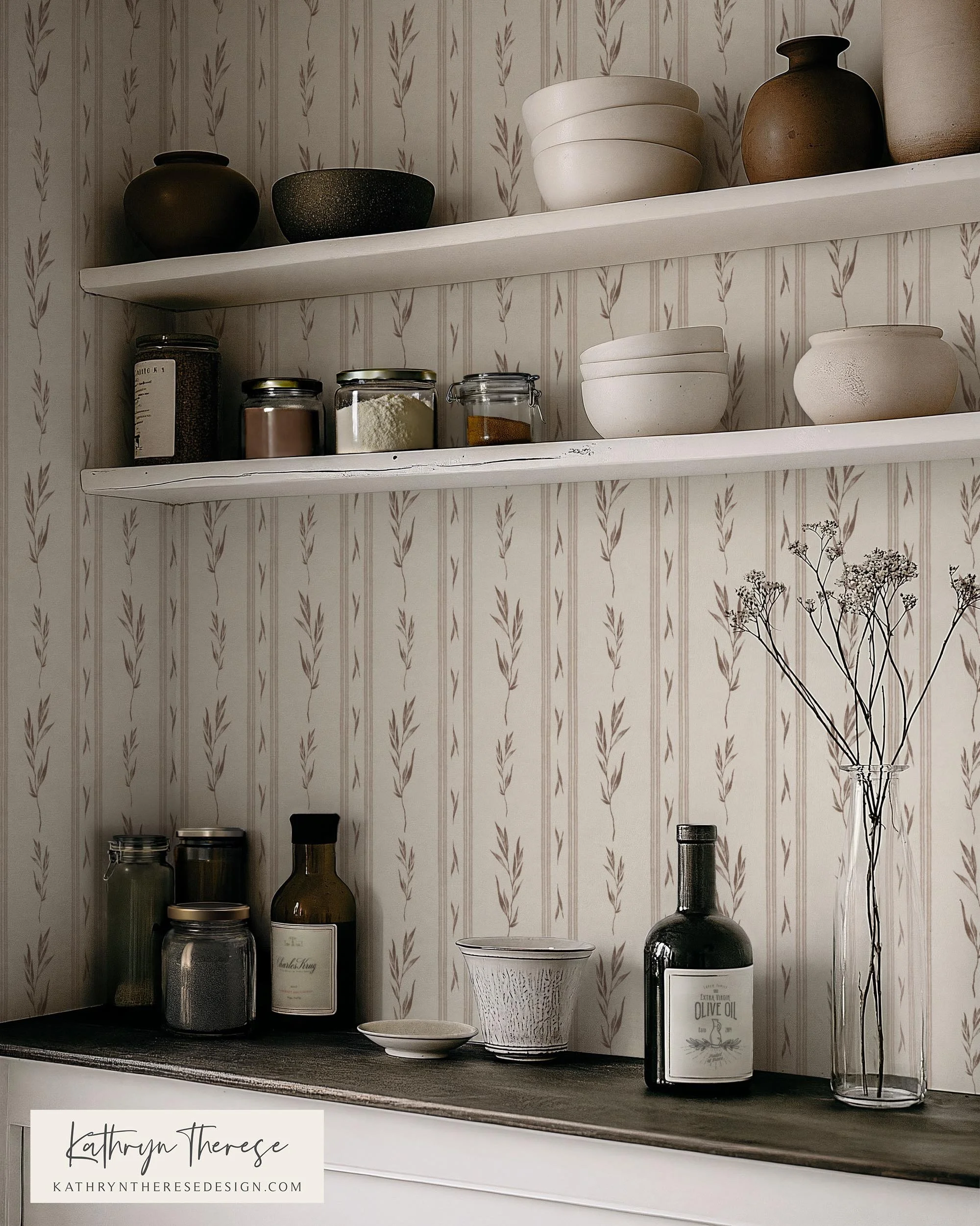 Vintage Botanical Stripe Wallpaper in Neutral Mushroom Brown and Cream