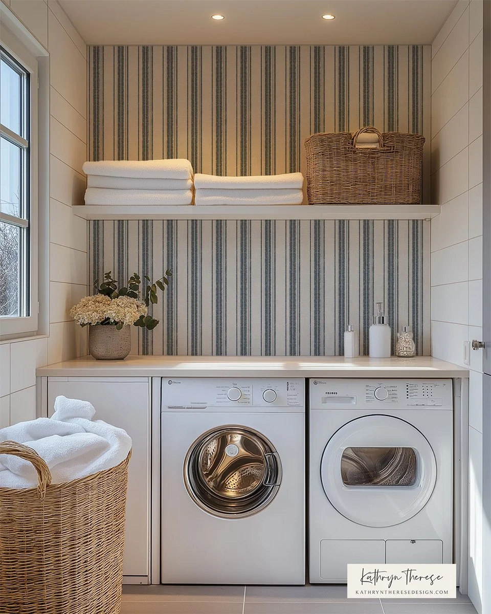 A laundry room with a washer and dryer, a basket of white towels, a potted hydrangea, and shelves with folded towels, a wicker basket, and soap dispensers, surrounded by beige and blue striped wallpaper.
