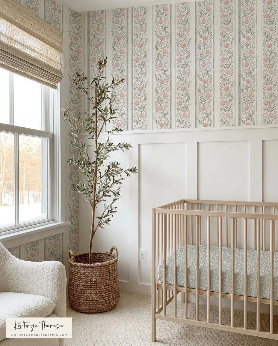 Pink Floral Stripe Wallpaper in Baby Girl Nursery