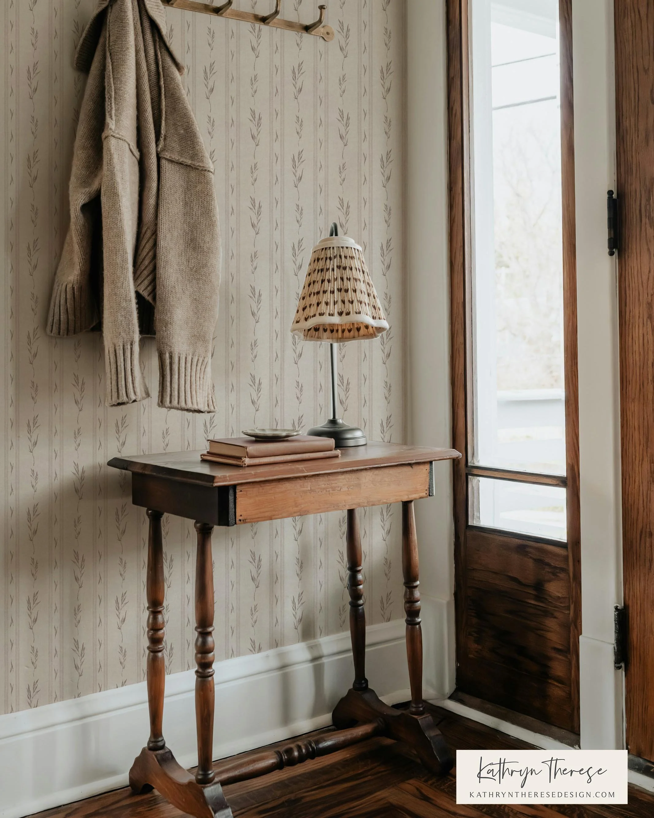 Vintage Botanical Stripe Wallpaper in Neutral Mushroom Taupe and Cream