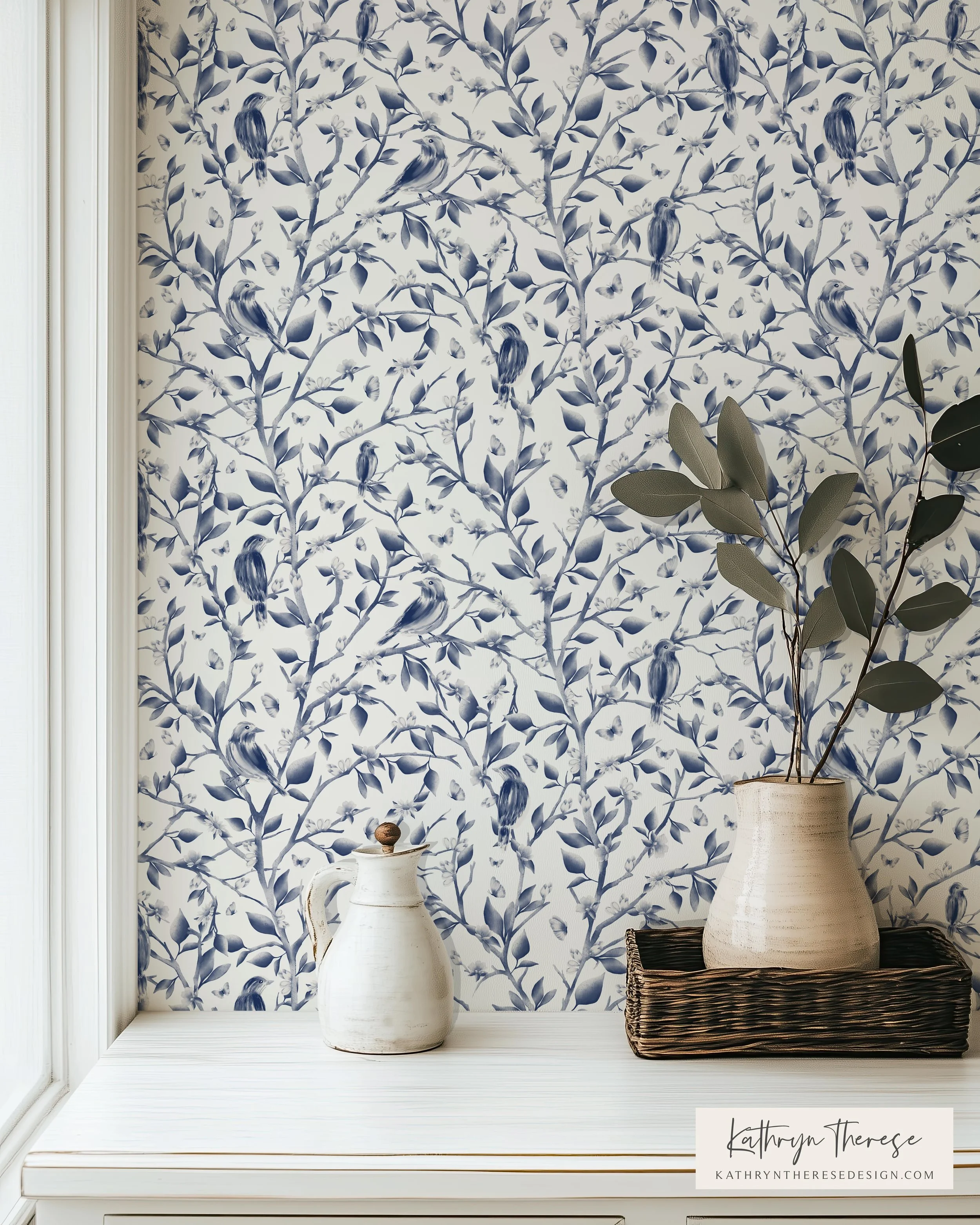 Vintage Bird &amp; Botanical Toile Wallpaper for Cottage &amp; English Country Interiors