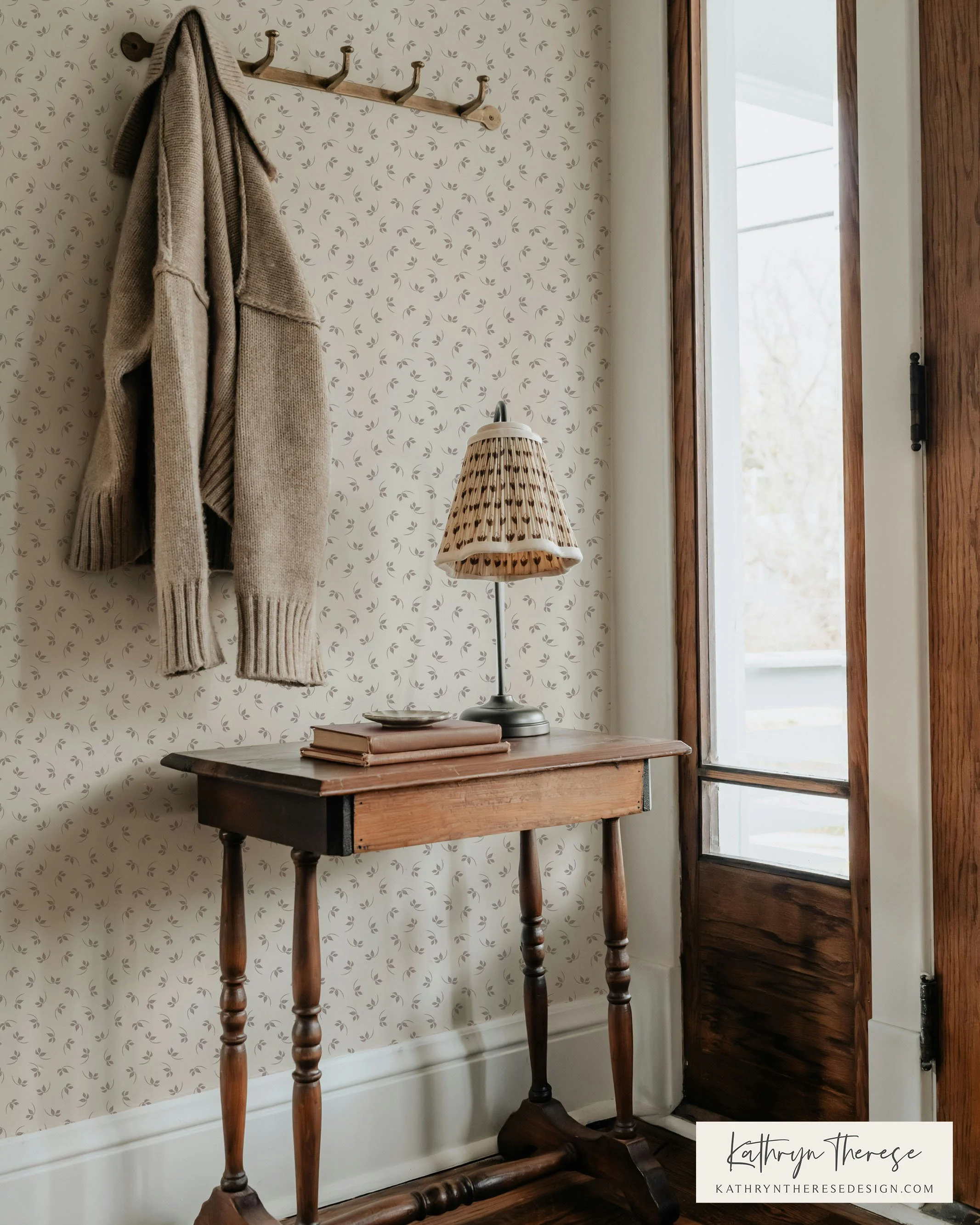 Landie-Small-Textured-Ditsy-Botanical-Wallpaper-Mushroom-Taupe-Vintage-Entryway.jpg