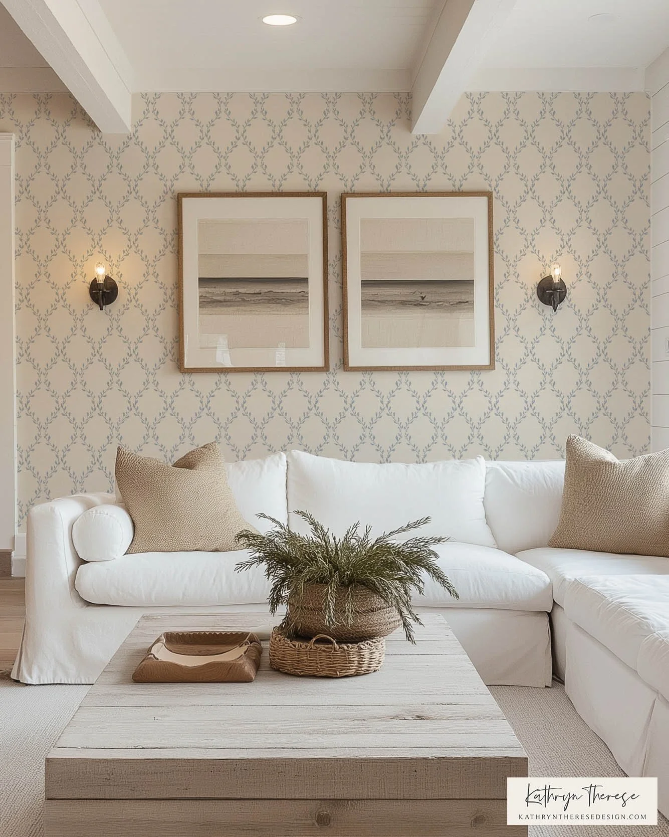 Coastal Botanical Trellis Wallpaper | Classic Vine Lattice for Modern Traditional Interiors