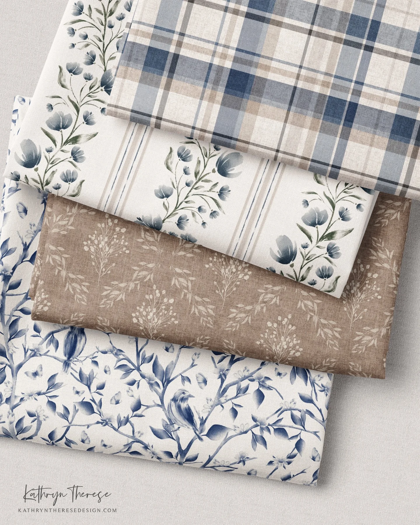 Four fabric swatches with floral and plaid patterns in shades of blue, beige, and white, arranged in a stacked manner.