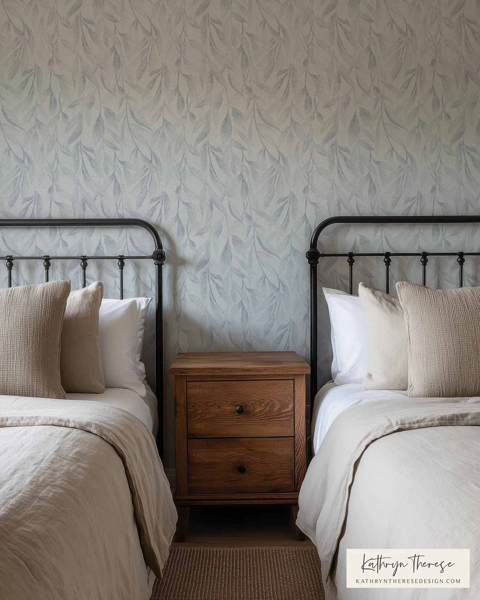 Tonal Dusty Blue Textured Botanical Wallpaper Linen