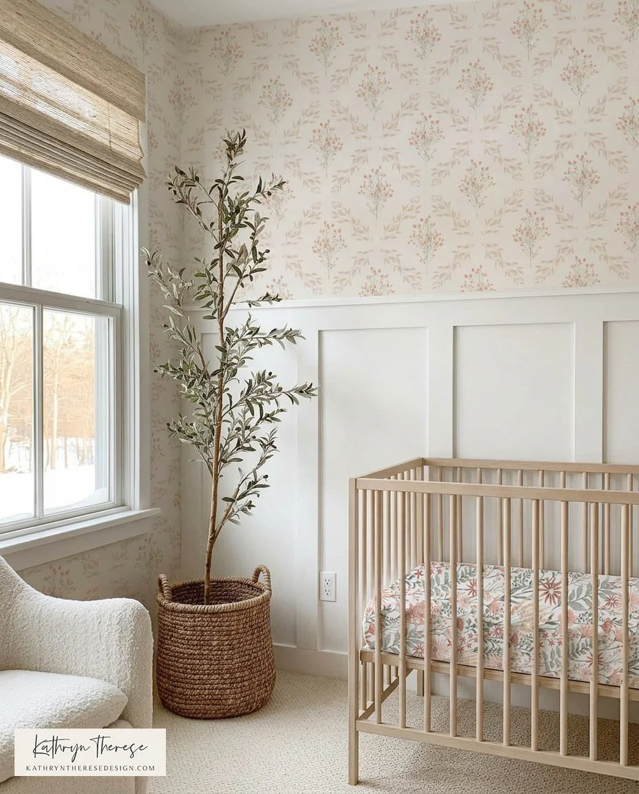 Textured Botanical Trellis Wallpaper for Cottage and English Country Nursery