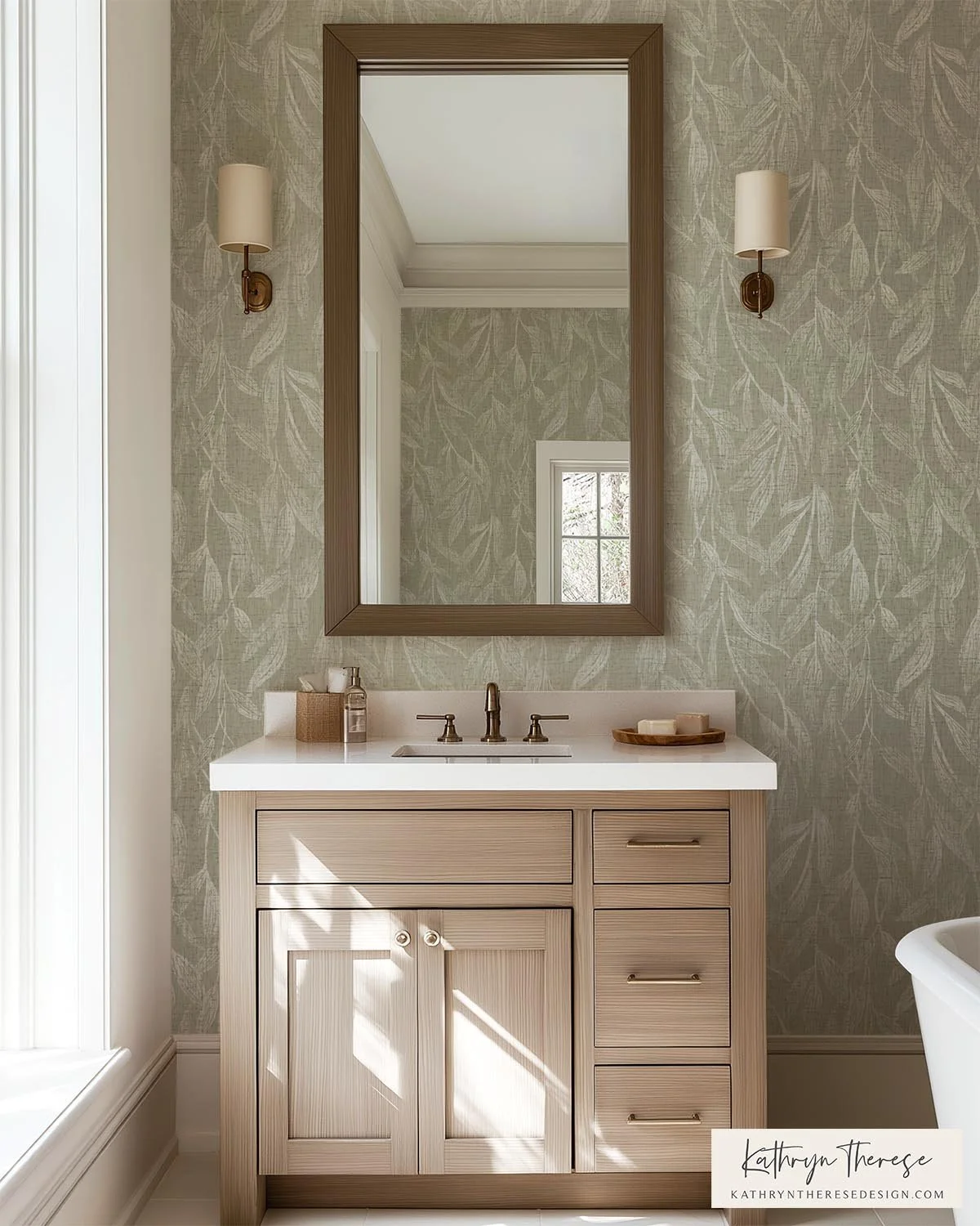 Muted Sage Green Textured Botanical Wallpaper Linen