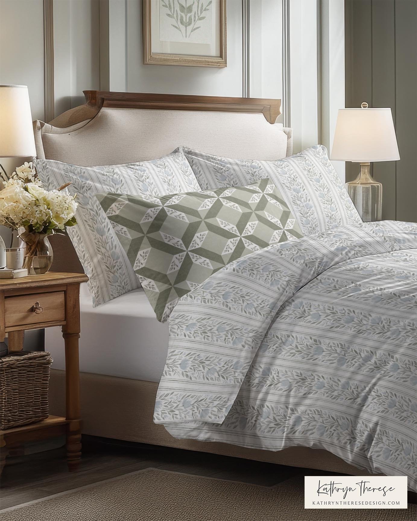 Dusty Blue Floral Stripe Duvet Cover Bedding