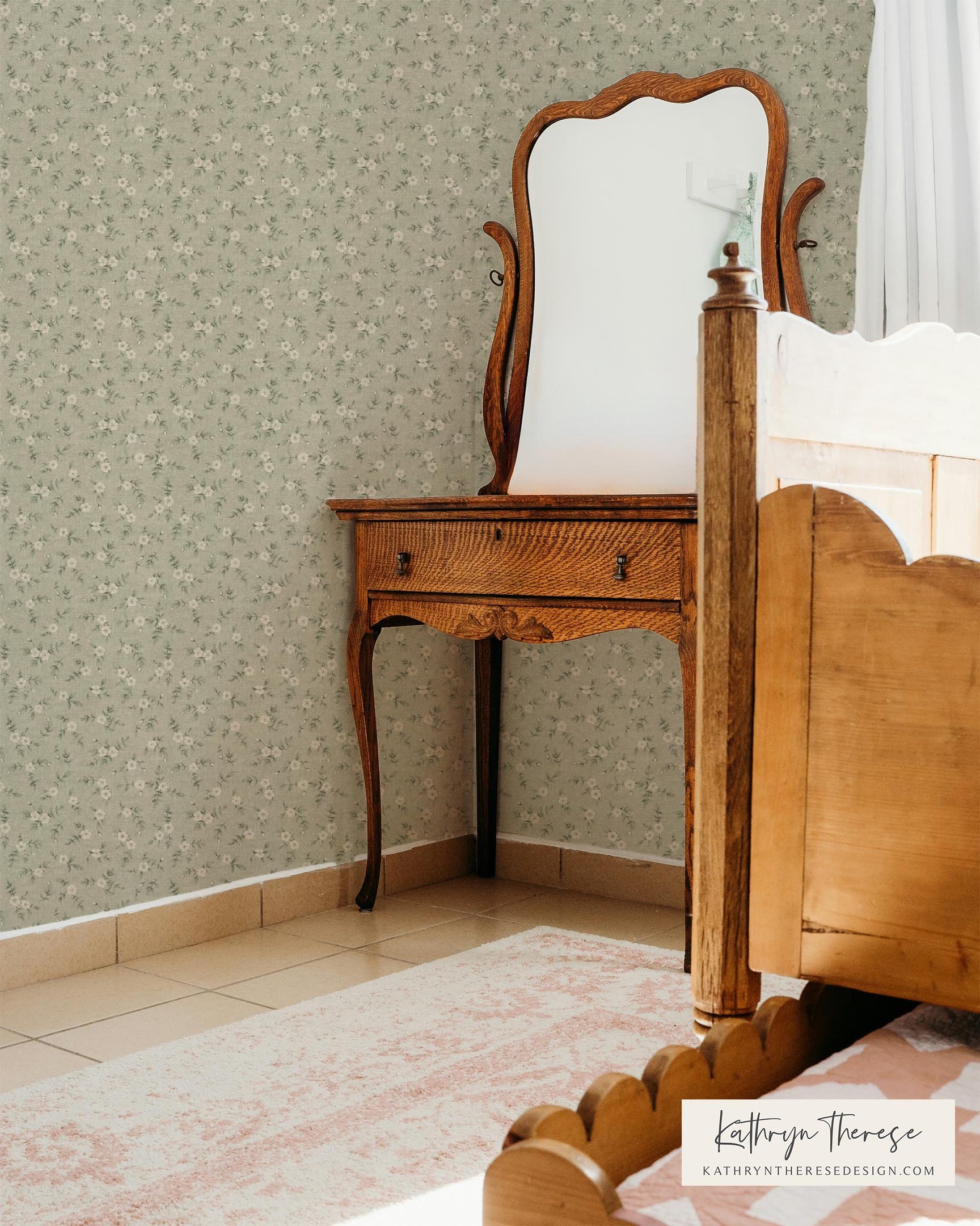 Sage Green Ditsy Vintage Floral Wallpaper for Cottage Girl Room