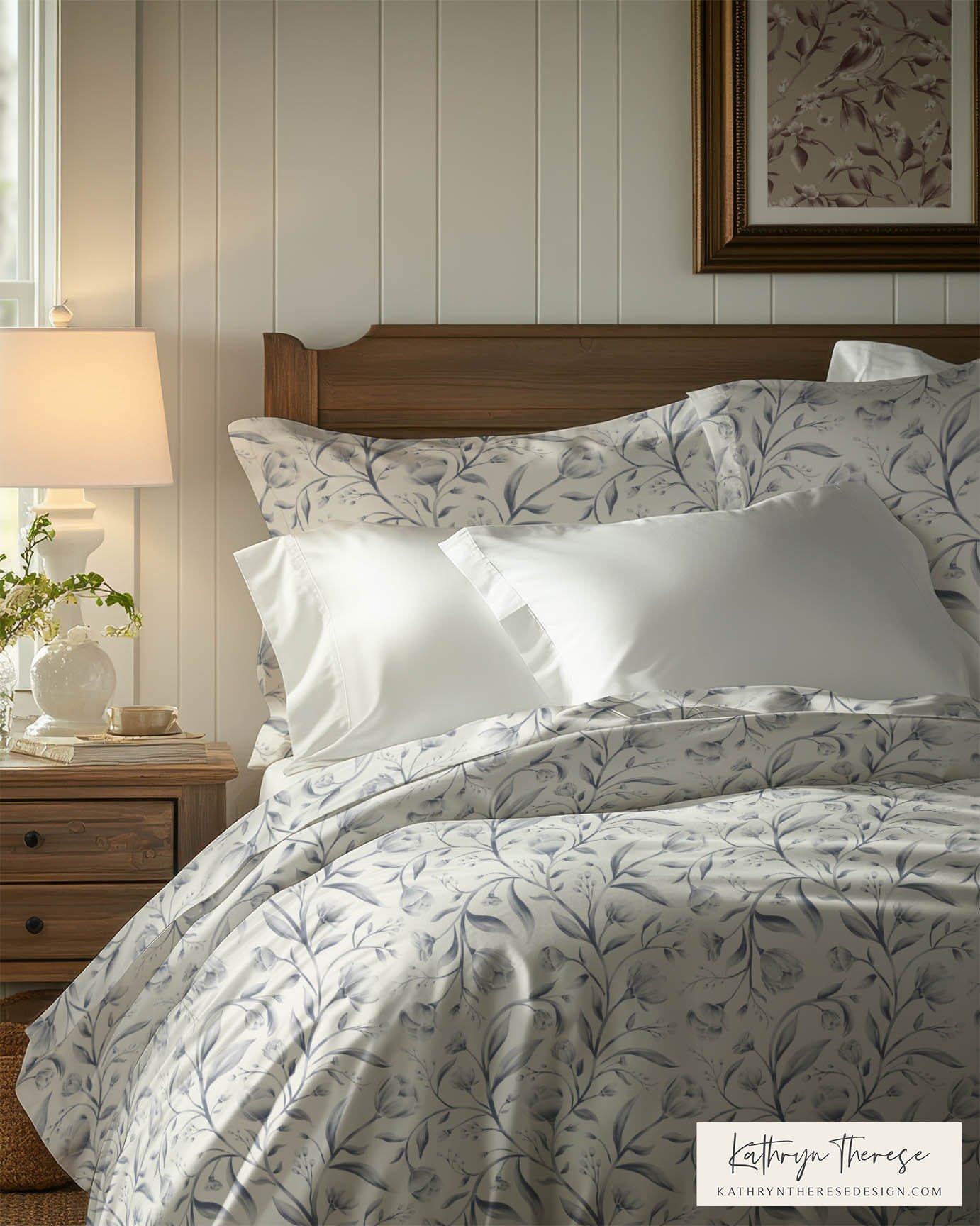 Blue and Cream Vintage Trailing Floral Bedding for Cottage &amp; English Country Interiors