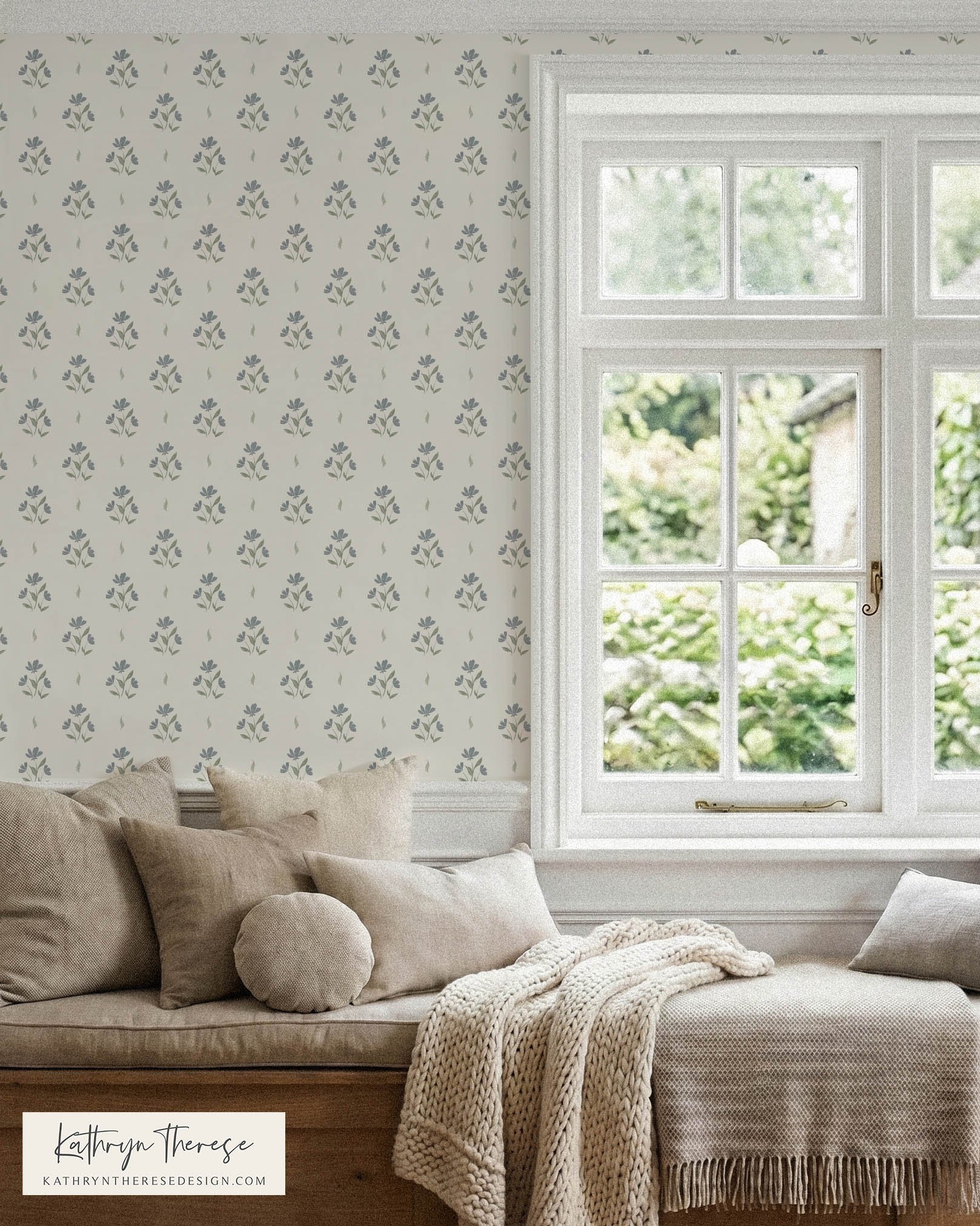 Cottage Floral Peel and Stick Wallpaper in Dusty Blue
