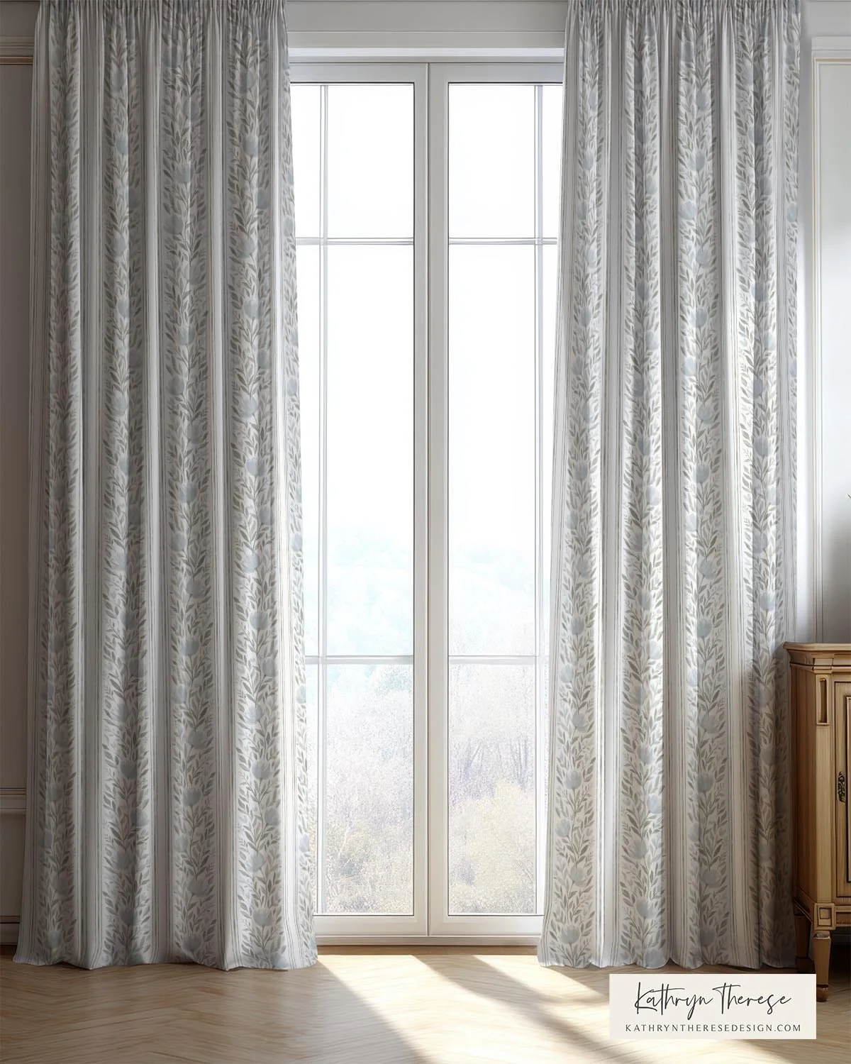 Blue Floral Stripe Curtains for Cottage Interiors