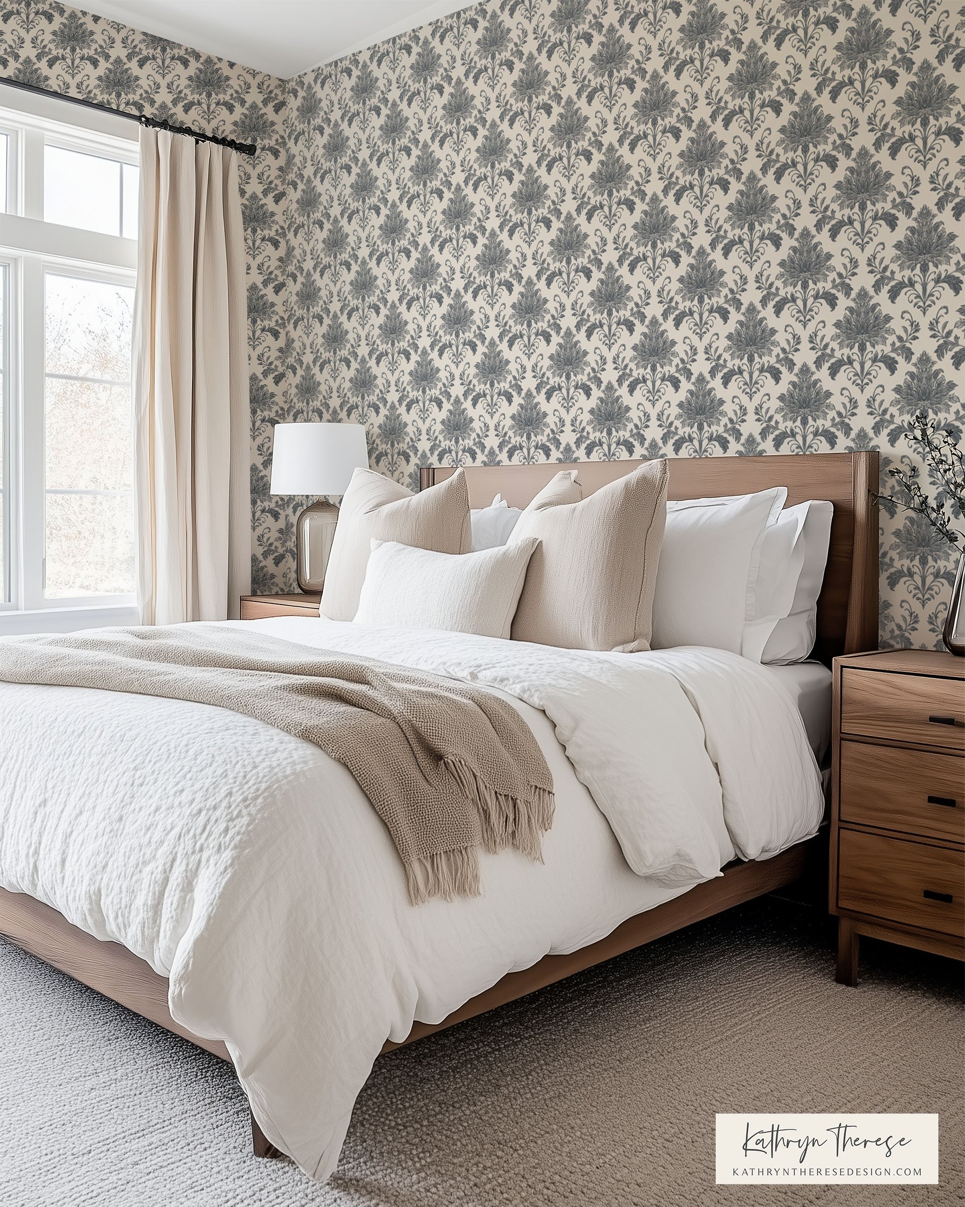 Hollis Floral Damask Wallpaper for Modern Traditional Bedrooms
