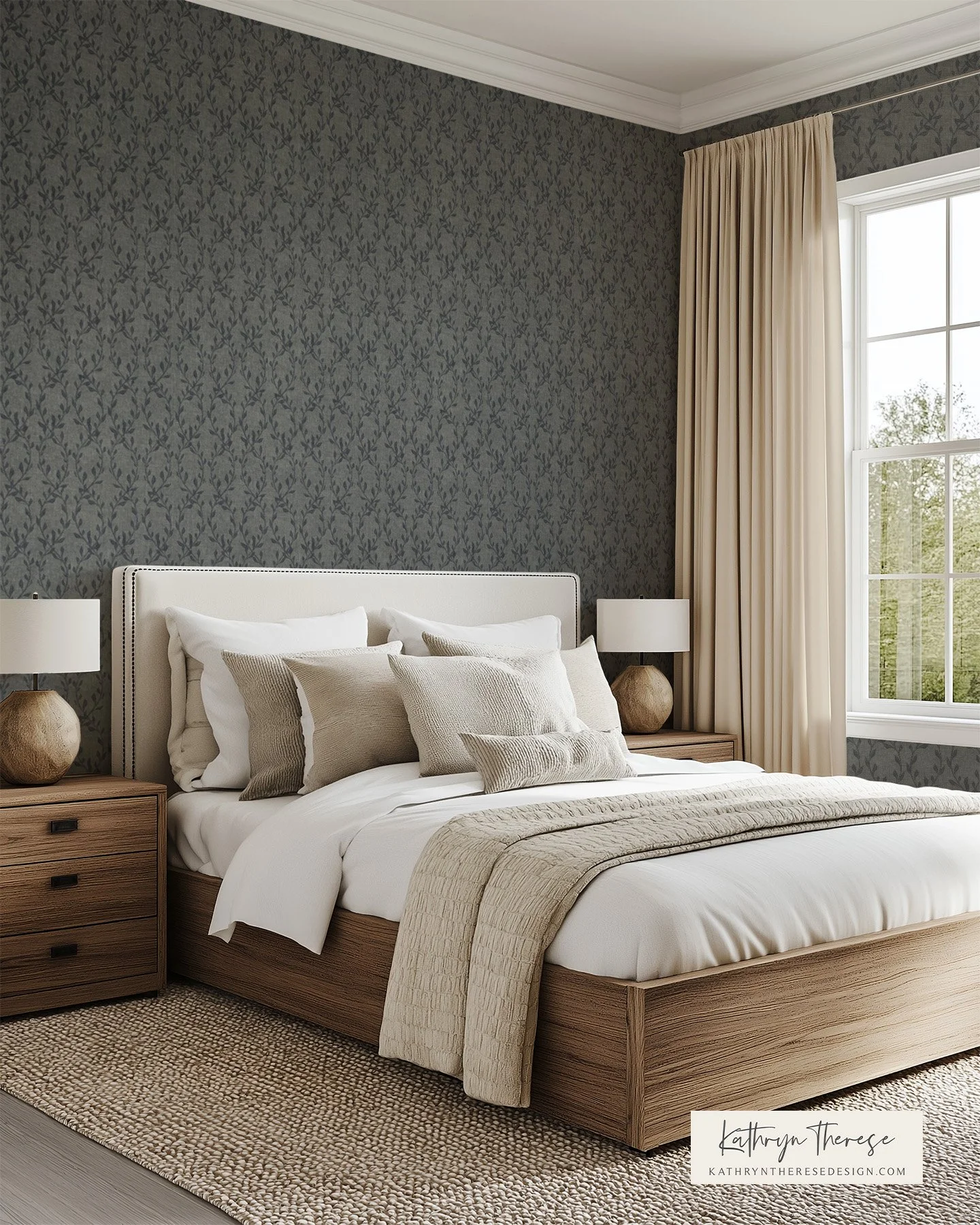 A neatly made bed with white bedding and beige pillows in a bedroom with dark patterned wallpaper, wooden nightstands with lamps, and a window with beige curtains.