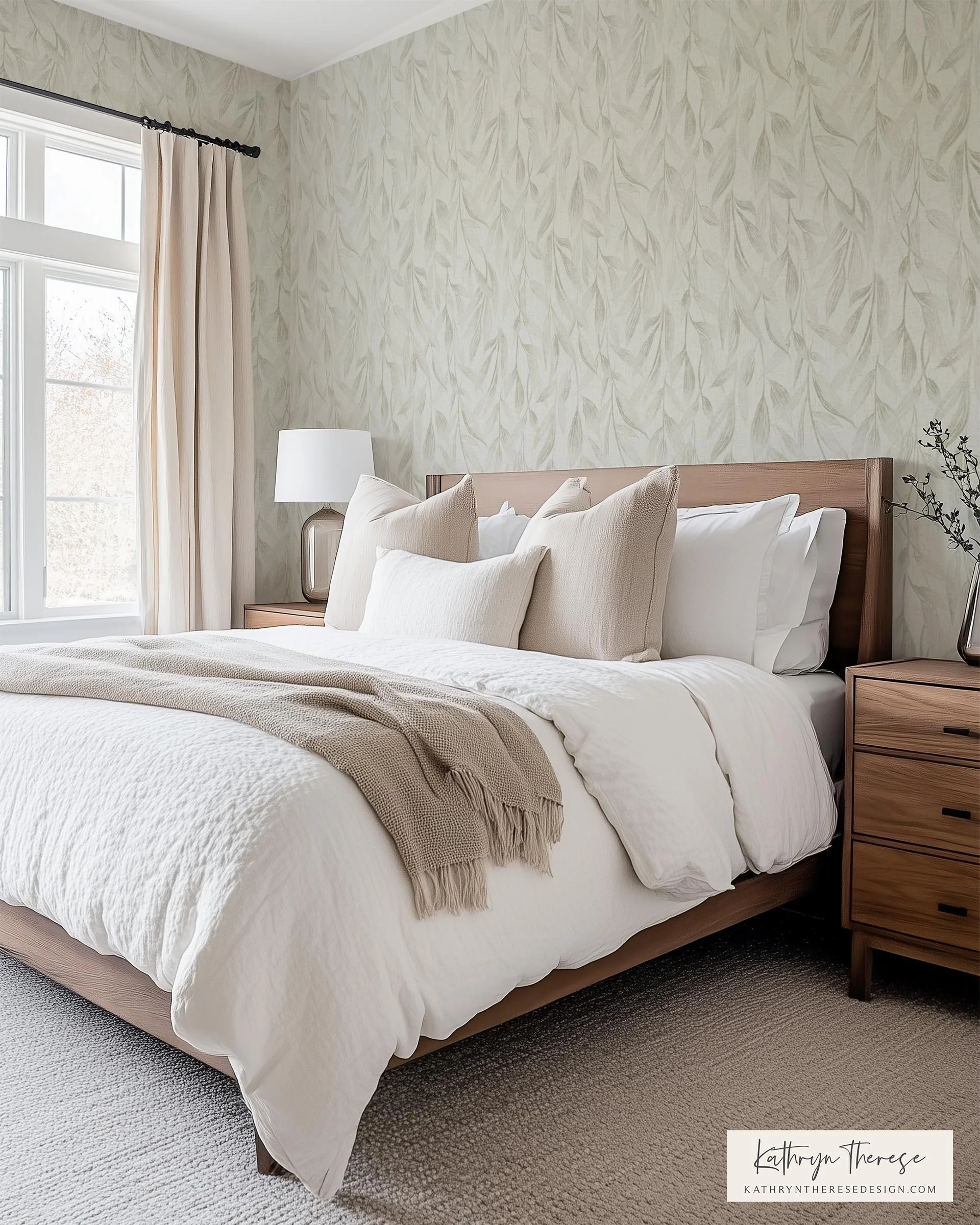 Tonal Sage Green Textured Botanical Wallpaper Linen