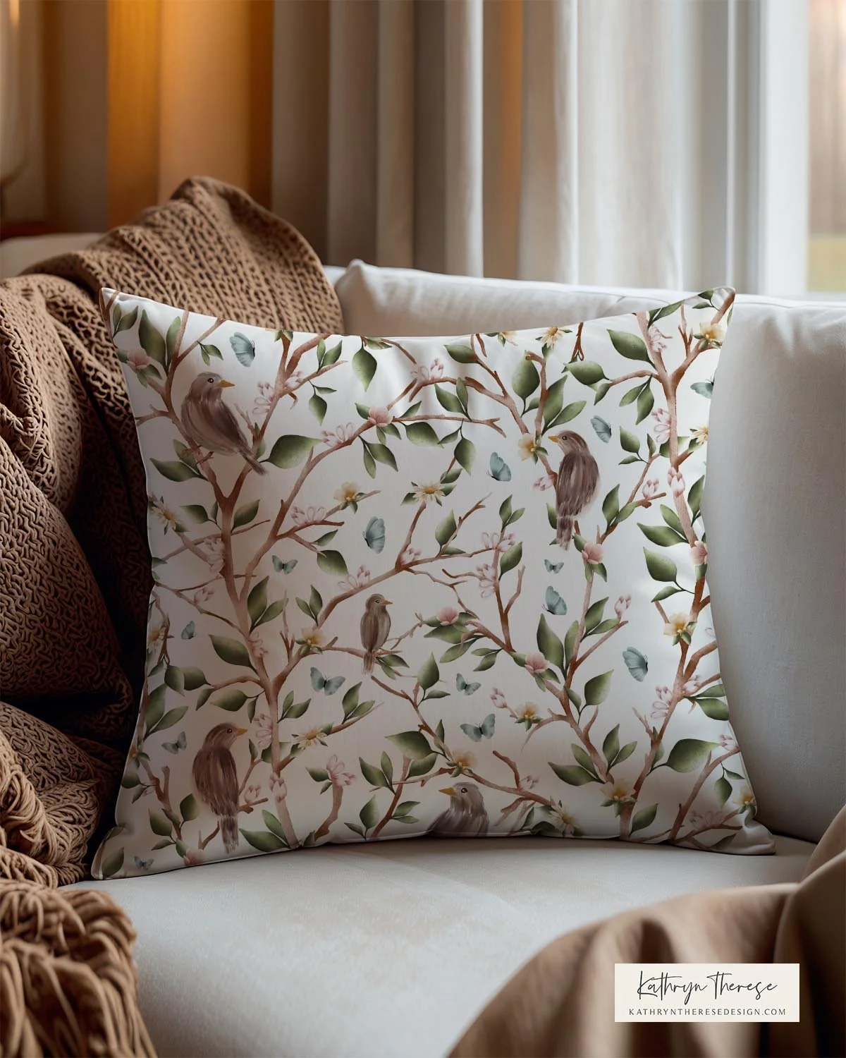 Vintage Bird &amp; Botanical Toile Pillow for Cottage &amp; English Country Interiors