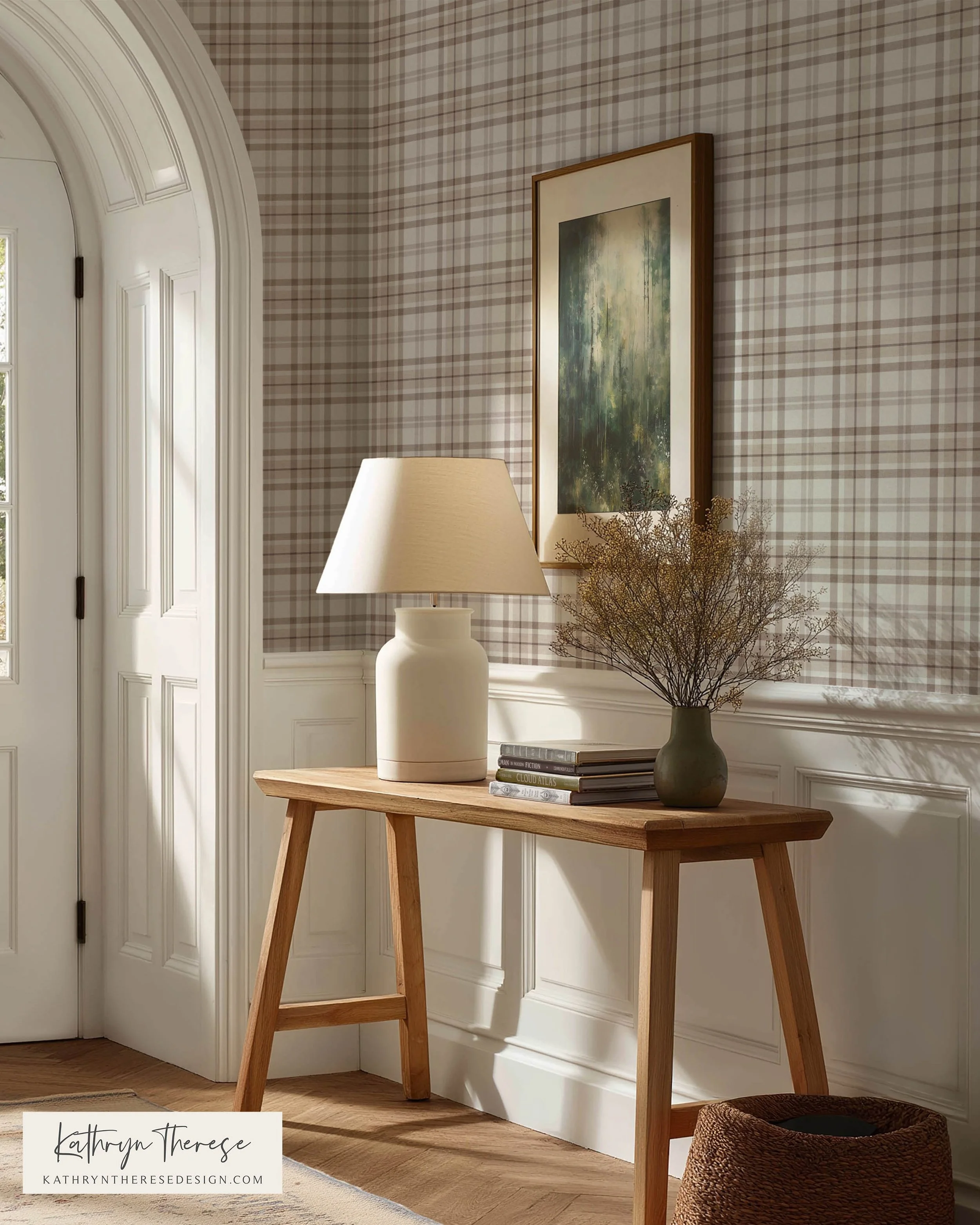 Small Brown Plaid Wallpaper in Modern Traditional Entryway
