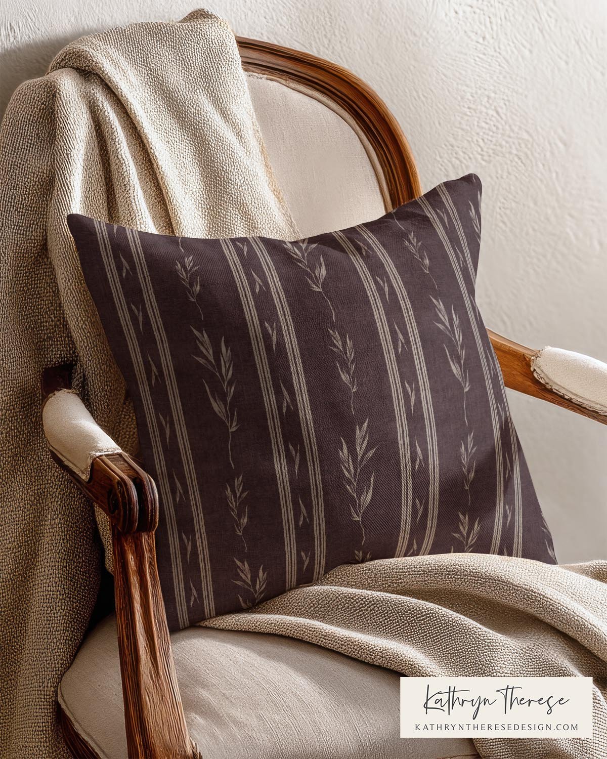 Vintage Botanical Stripe Throw Pillow in Moody Burgundy Wine and Beige