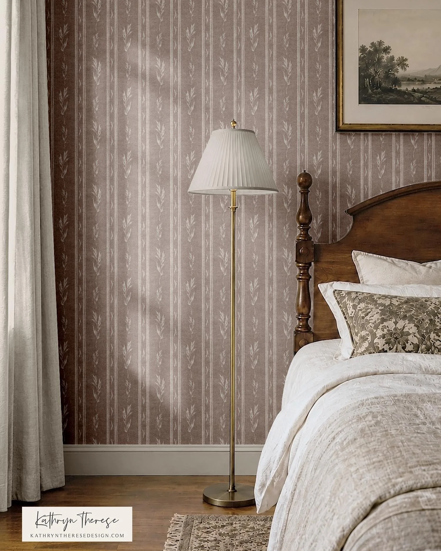 Vintage Botanical Stripe Wallpaper in Earthy Mushroom Taupe