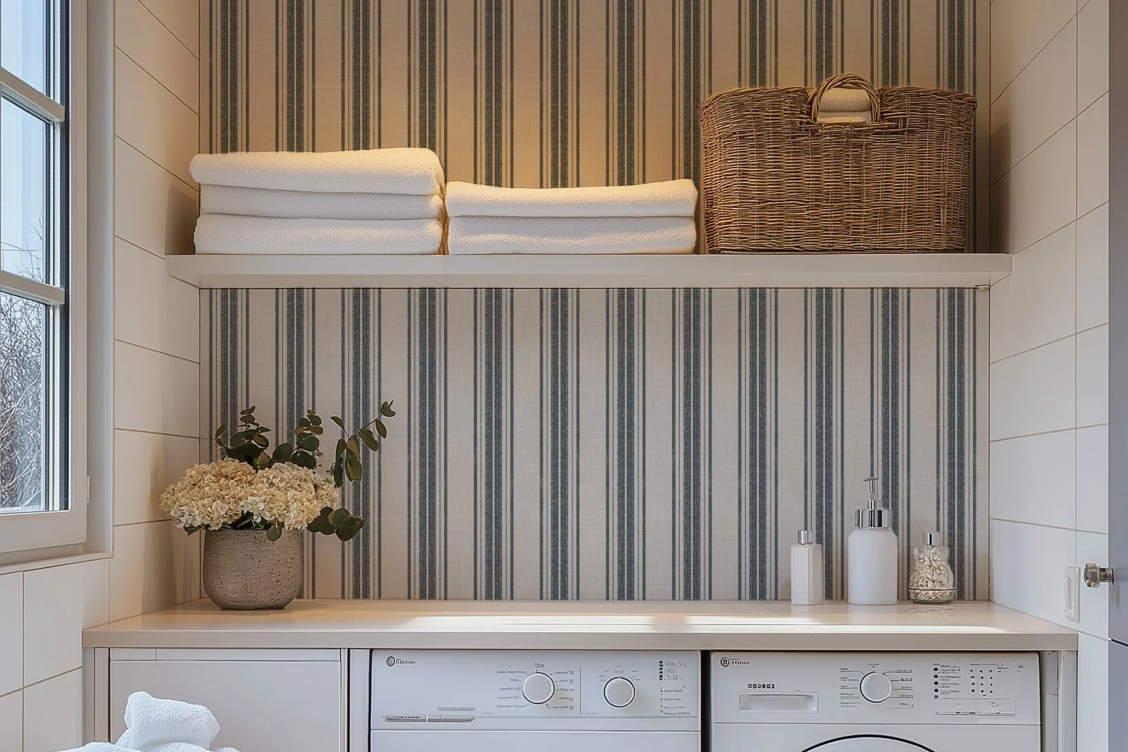 Shelf with folded towels and a wicker basket, wall with striped wallpaper, countertop with potted plant, soap bottles, and laundry machines in a laundry room.