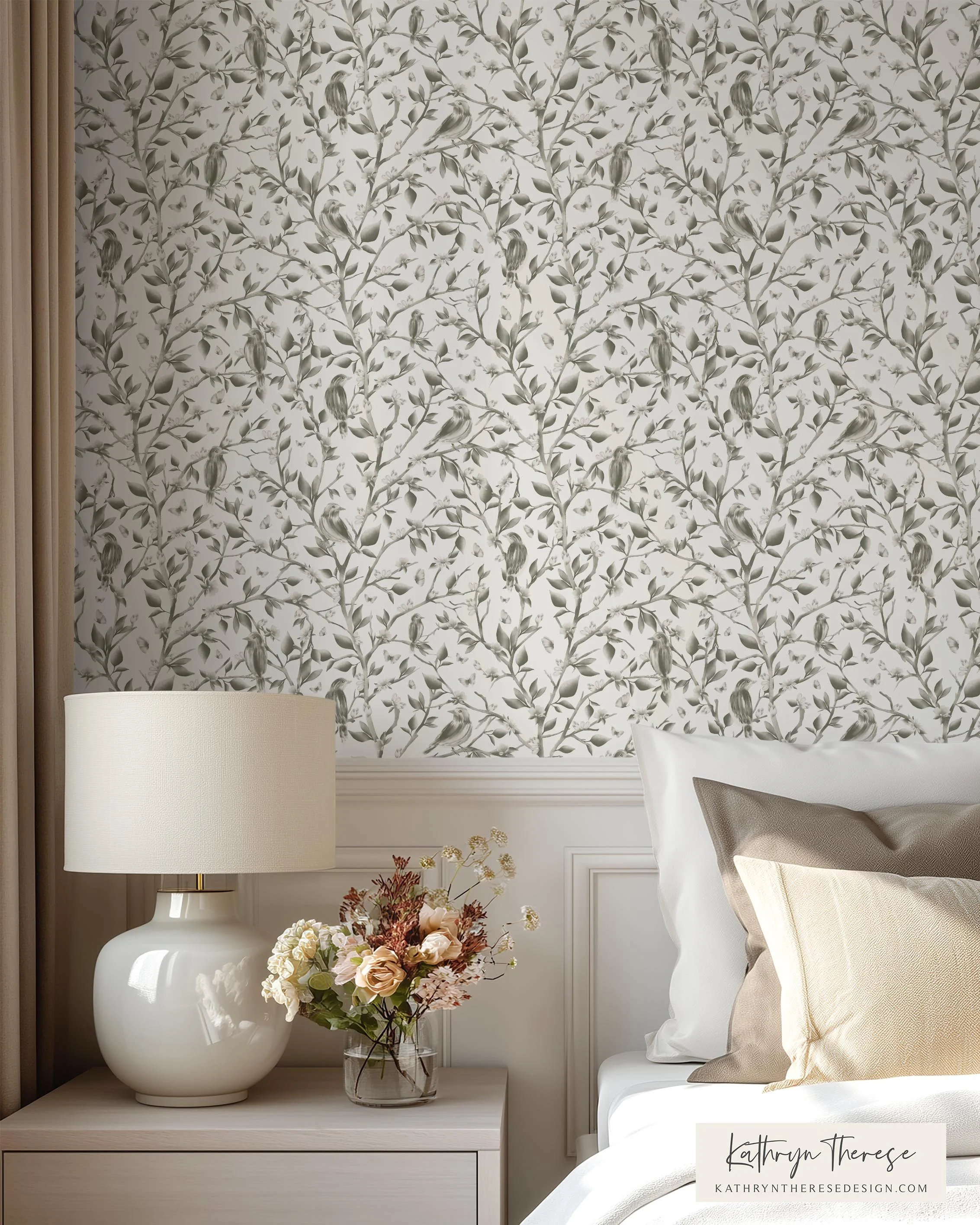Vintage Bird &amp; Botanical Toile Wallpaper for Cottage &amp; English Country Interiors