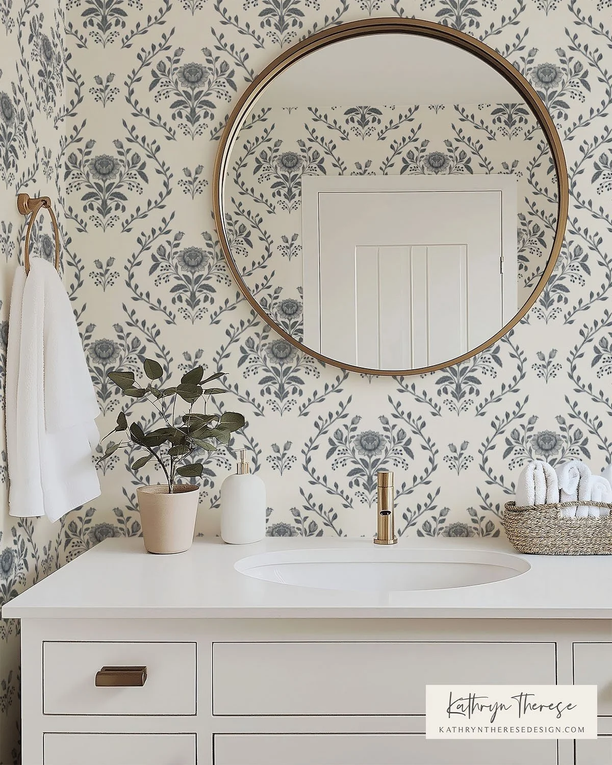 Marlowe - Blue Cream Floral Trellis Wallpaper for French Country Bathrooms