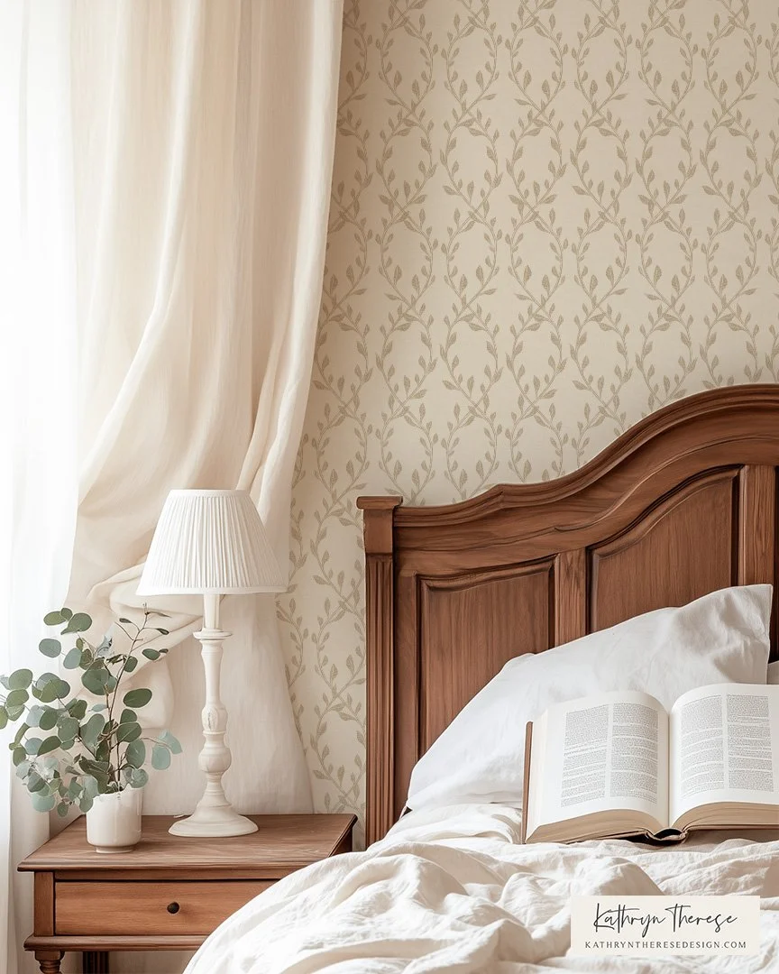 Cozy bedroom with a wooden headboard, white bedding, an open book, a bedside table with a lamp, and a small potted eucalyptus plant, next to a window with cream-colored curtains and patterned wallpaper.