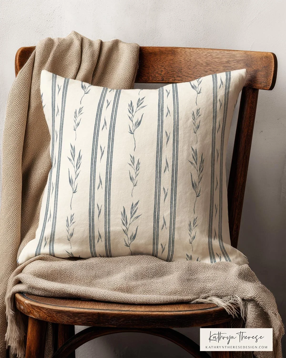 Vintage Botanical Stripe Throw Pillow in Cream and Dusty Slate Blue