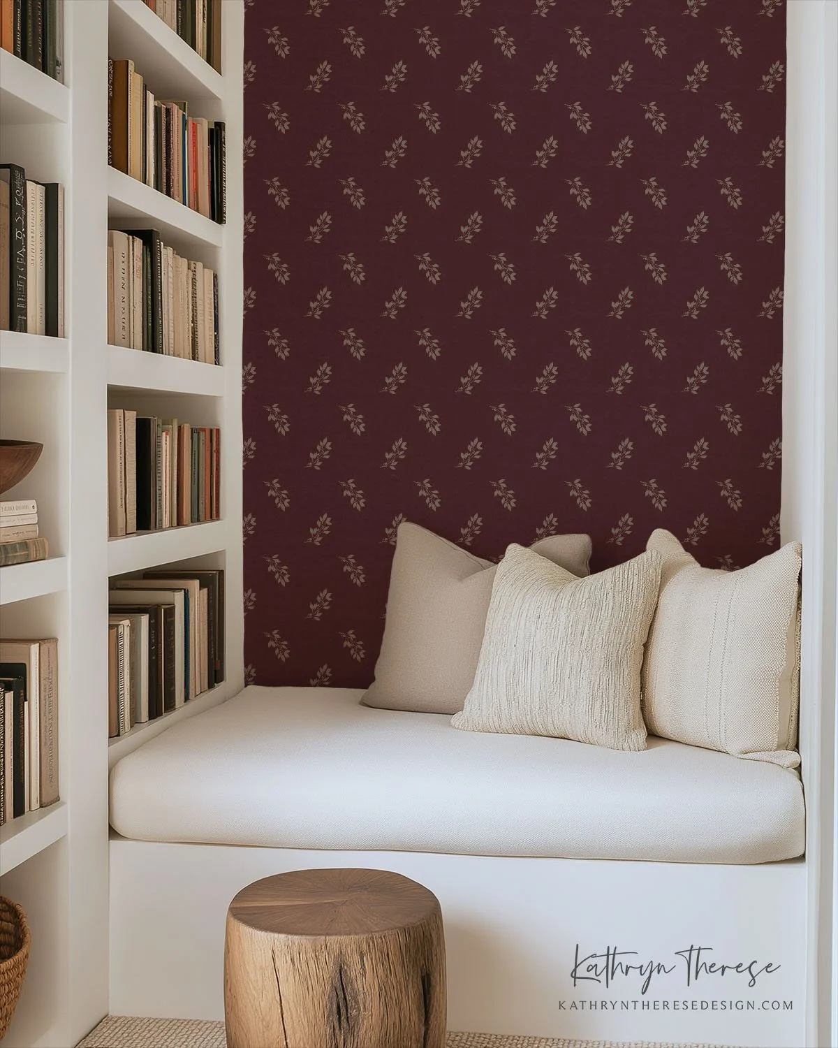 Lennox Small Scale Botanical Sprig Wallpaper for Modern Traditional Interiors in Burgundy and Brown