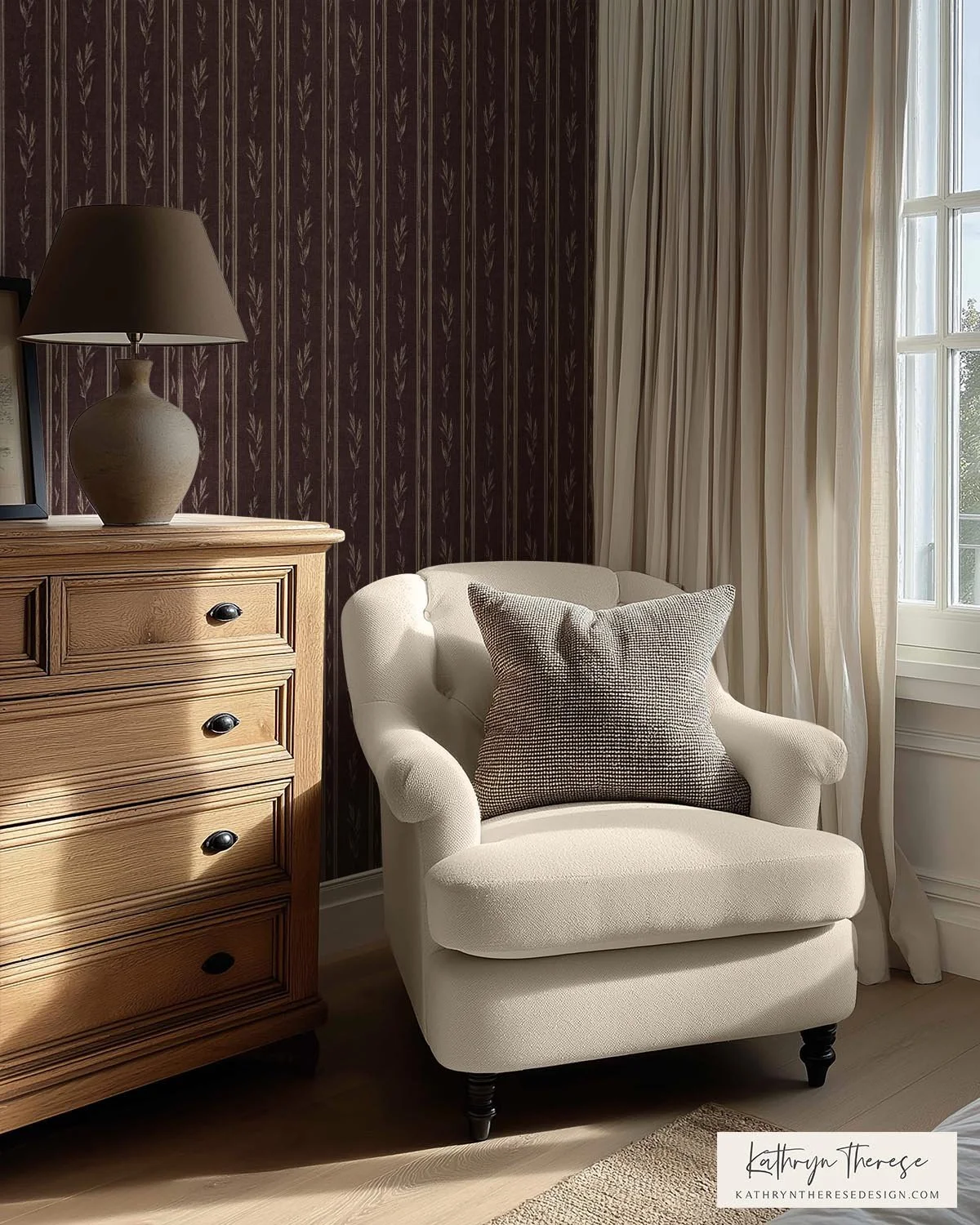 Vintage Botanical Stripe Wallpaper in Moody Burgundy Wine