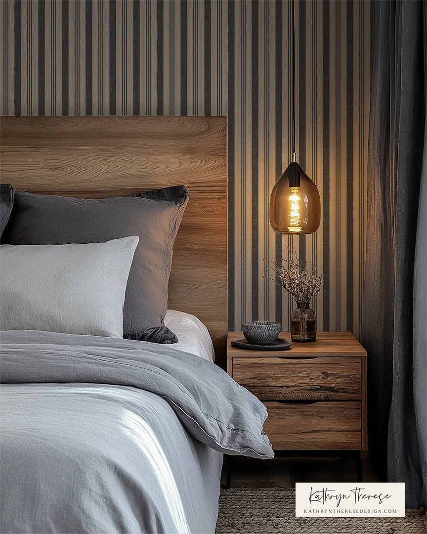 Linden Linen Textured Ticking Stripe in Stone and Charcoal