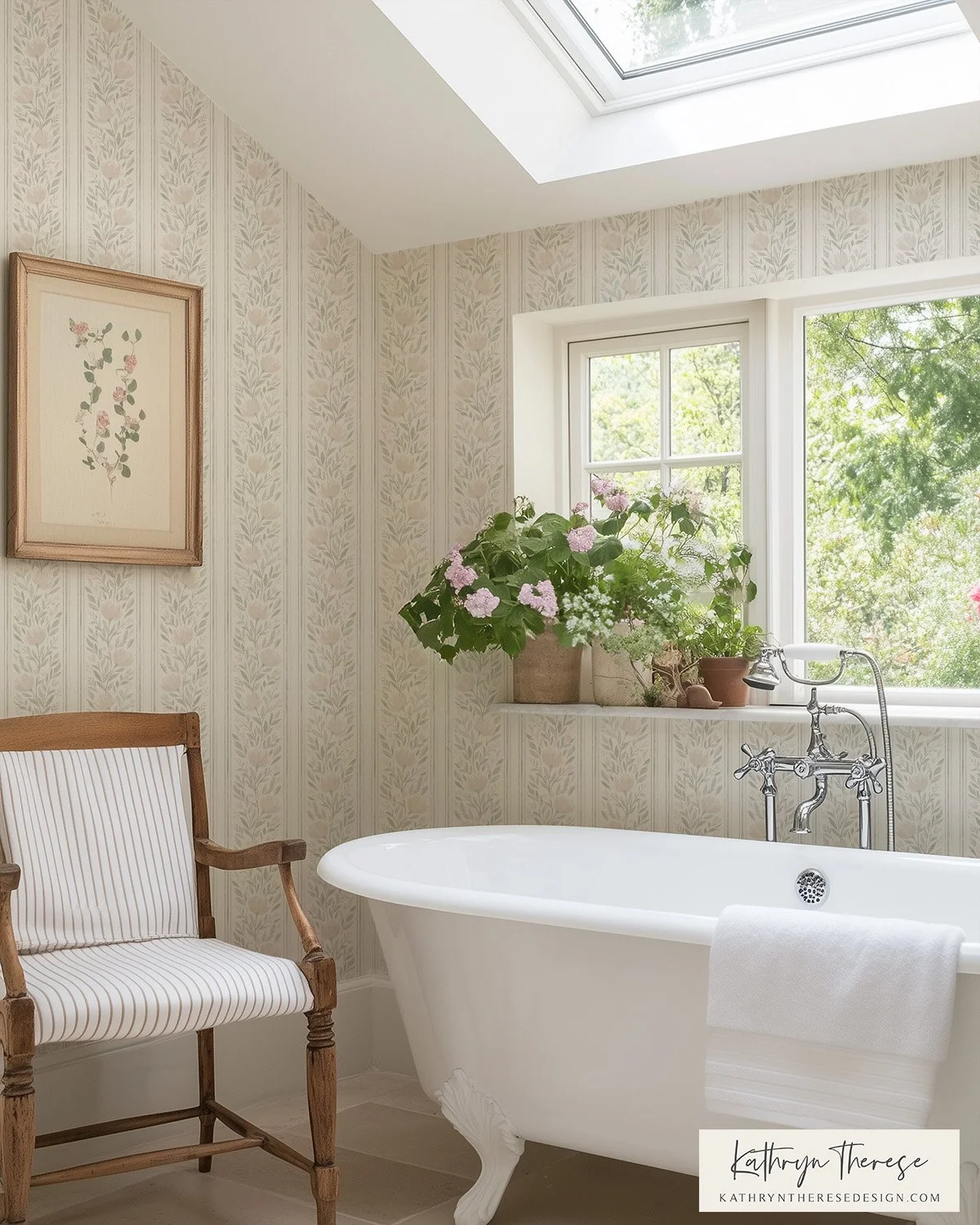 Neutral Floral Stripe Wallpaper in Cottage Powder Room