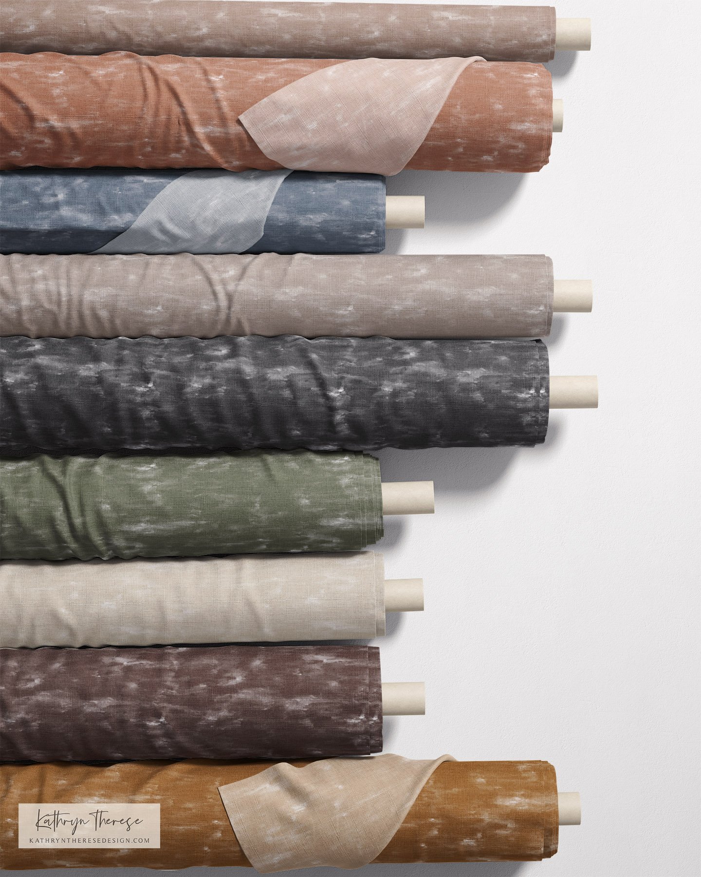 Several rolls of fabric in various colors and textures, arranged horizontally against a white background, with one fabric partially unrolled.