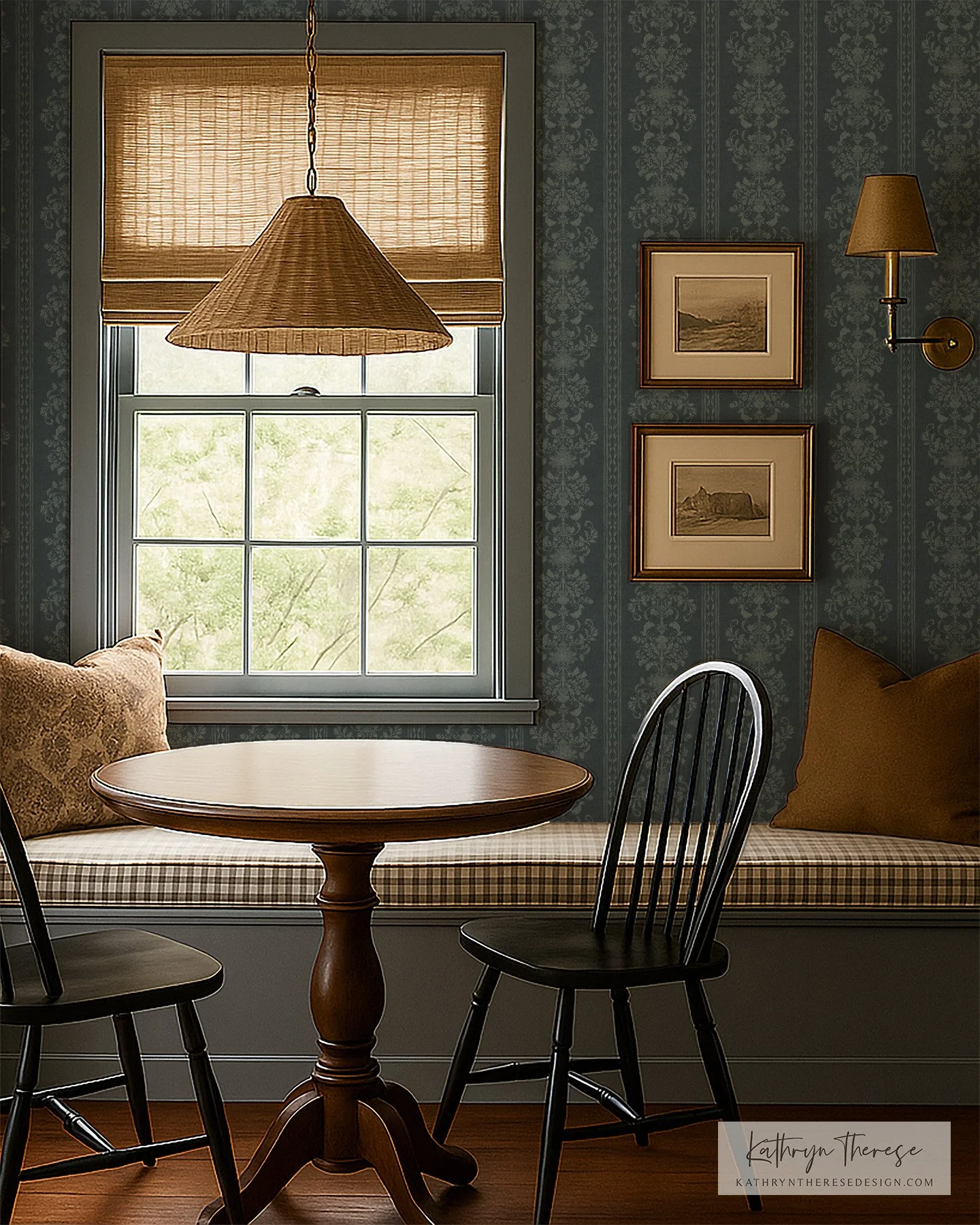 A cozy dining nook with a window seat cushion, a small round wooden table, black wooden chairs, window with bamboo blinds, framed artwork on a patterned wall, and warm lighting fixtures.