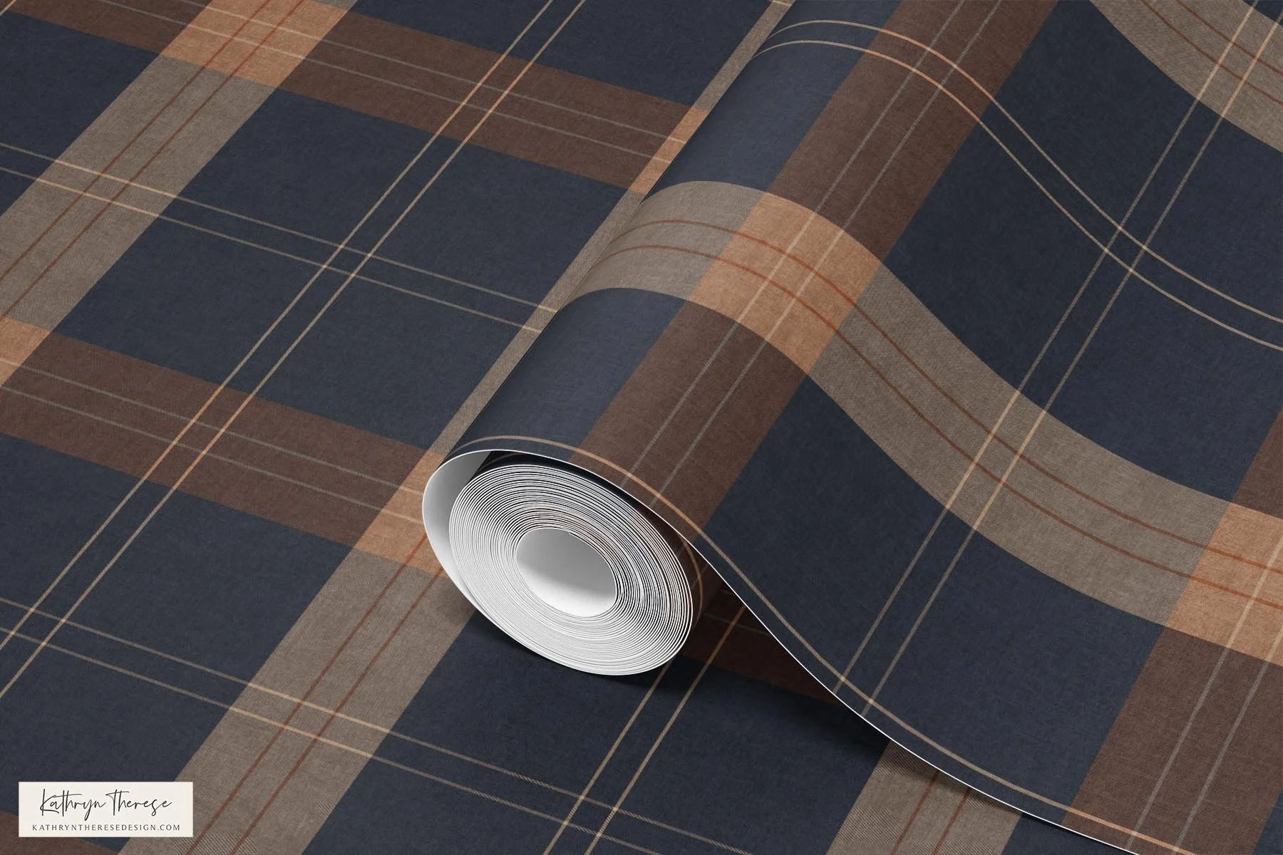 Moody Heritage Tartan Wallpaper in Rustic Brown and Navy Blue