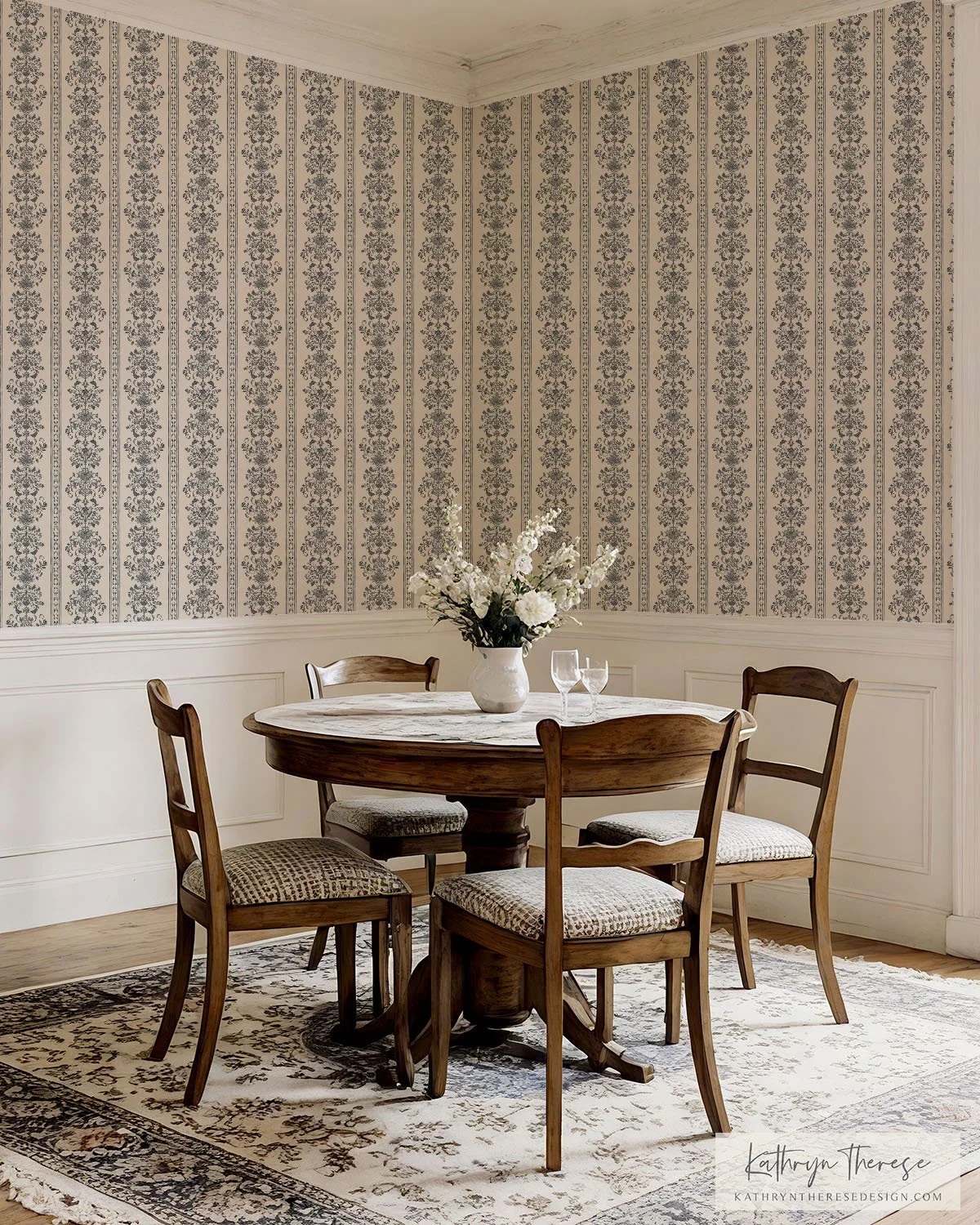 Bridger - Traditional Damask Stripe in Navy for French Country Dining Room