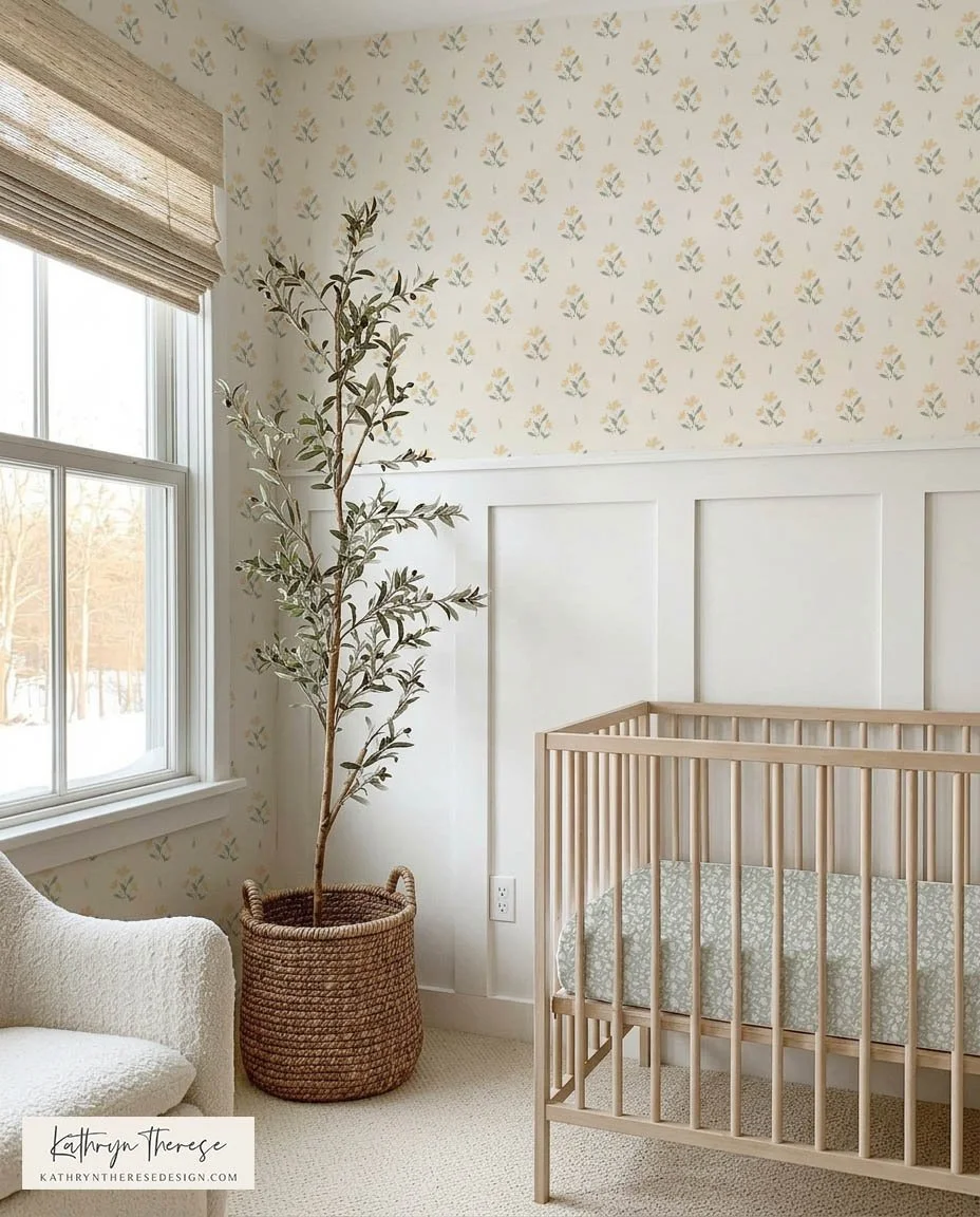 Butter Yellow Cottage Floral Wallpaper in Girl Nursery