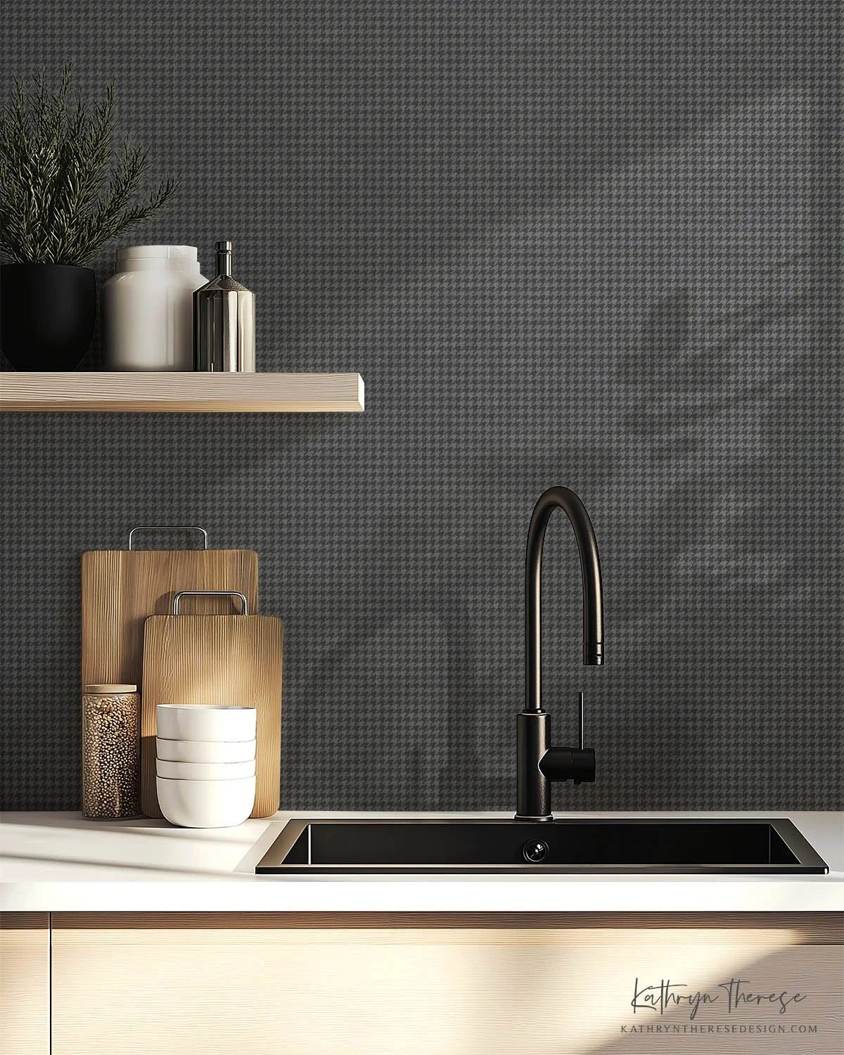Textured Houndstooth Wallpaper for Modern Traditional, Farmhouse, and English Country Kitchens