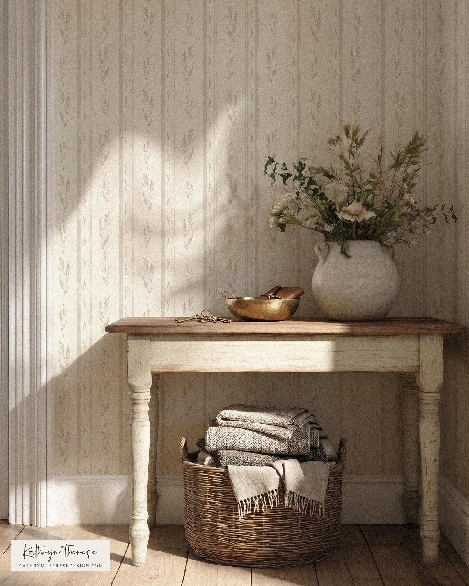 Vintage Botanical Stripe Wallpaper in Soft Taupe and Cream