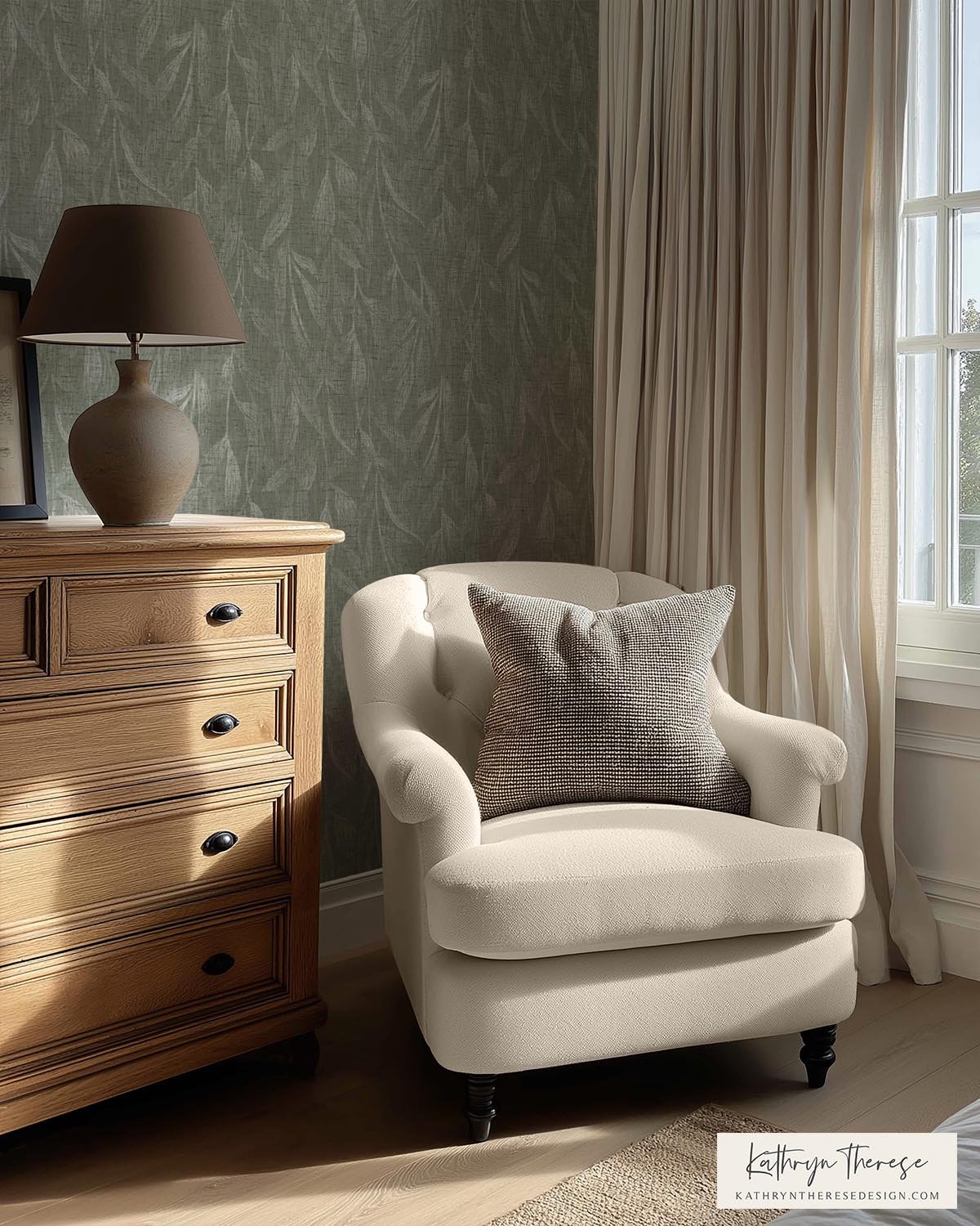 Dark Sage Green Textured Botanical Wallpaper Linen