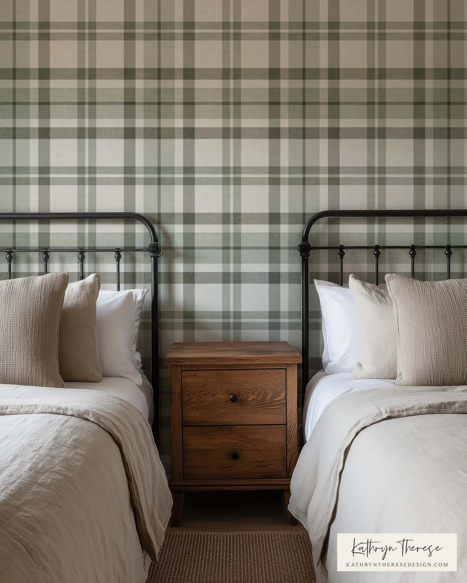 Green Plaid Wallpaper in shared boy Room